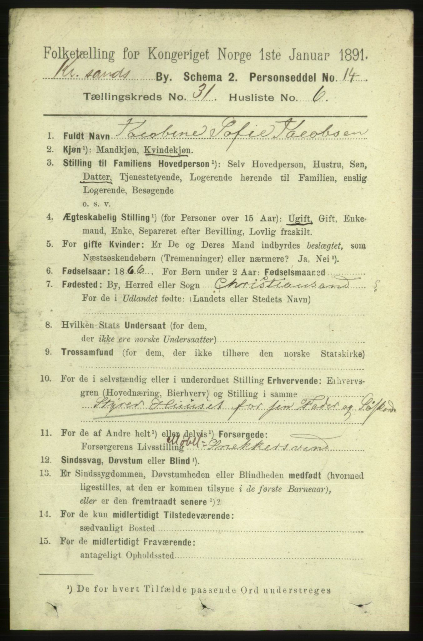 RA, 1891 census for 1001 Kristiansand, 1891, p. 9781