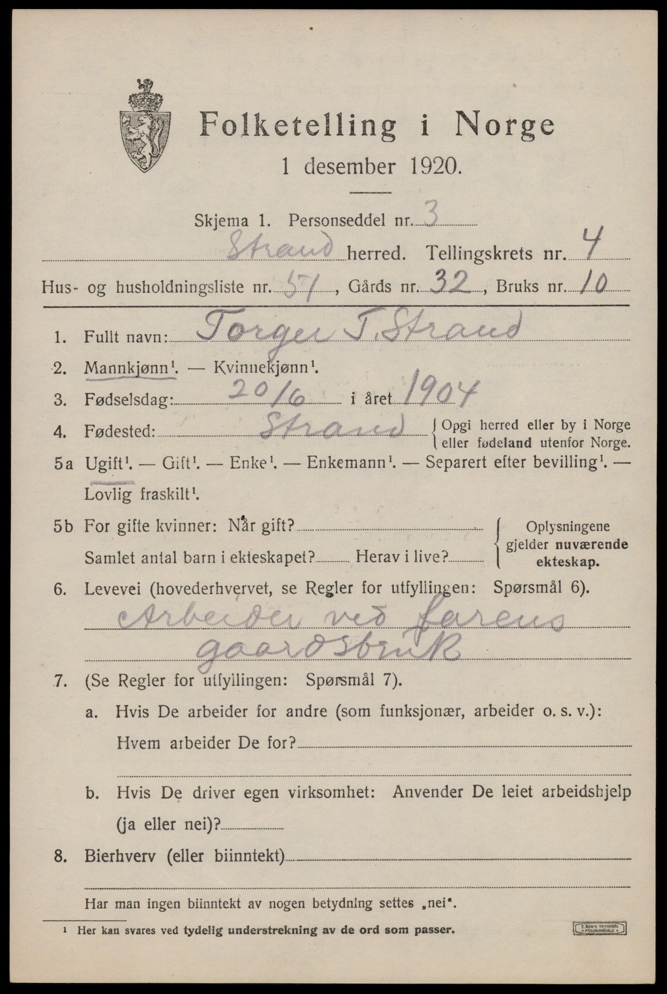 SAST, 1920 census for Strand, 1920, p. 3540