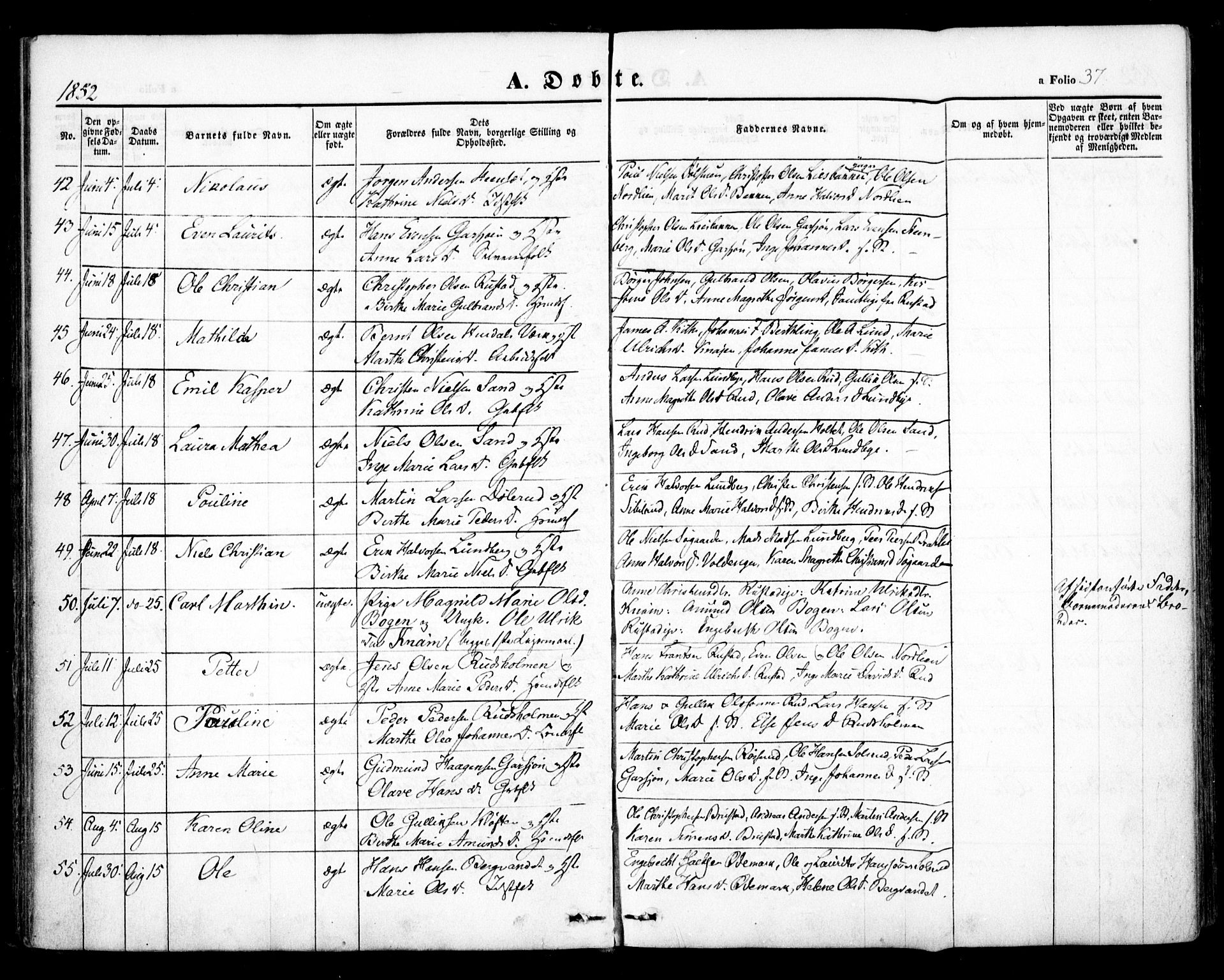 Hurdal prestekontor Kirkebøker, SAO/A-10889/F/Fa/L0005: Parish register (official) no. I 5, 1846-1859, p. 37