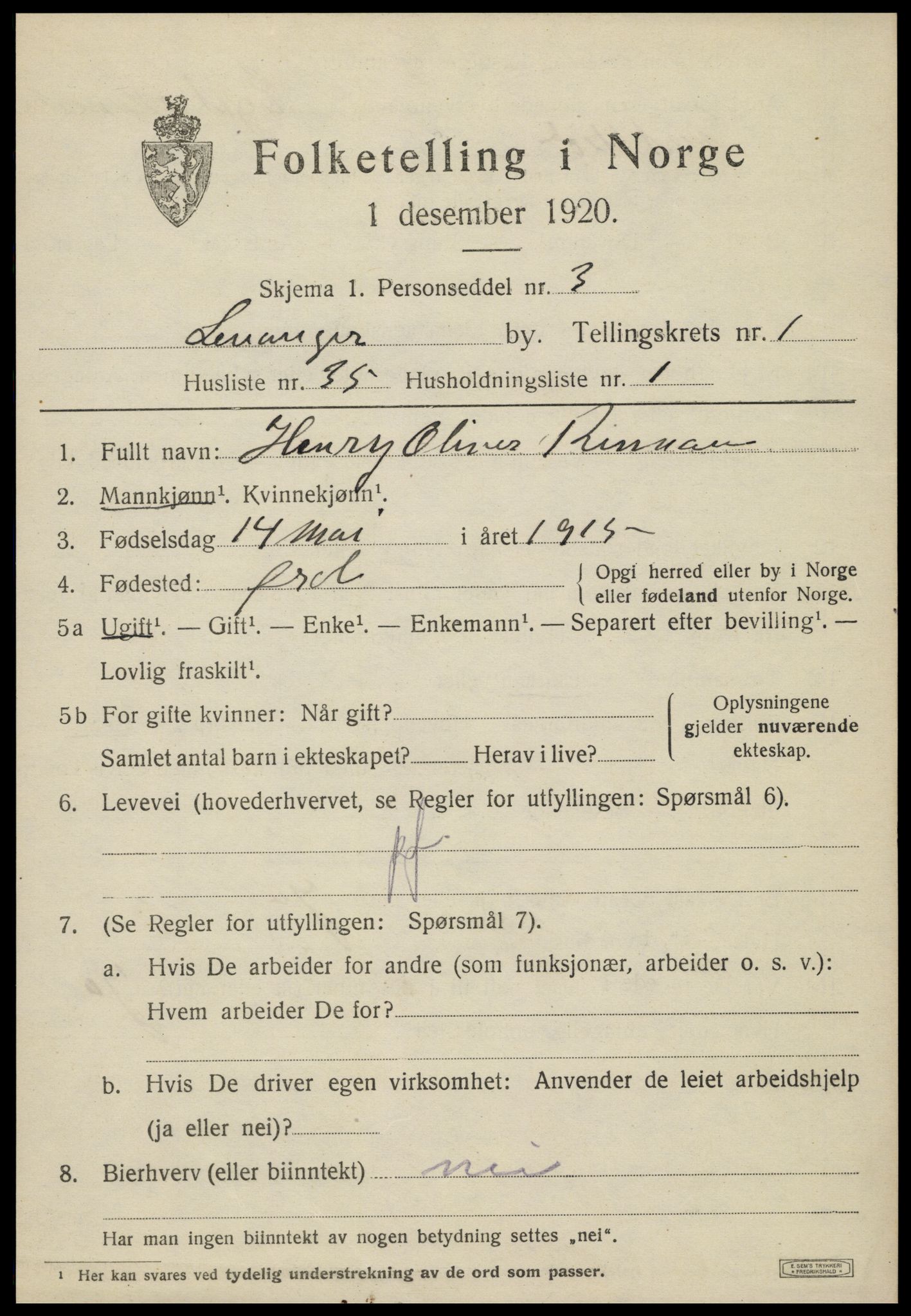 SAT, 1920 census for Levanger town, 1920, p. 1780