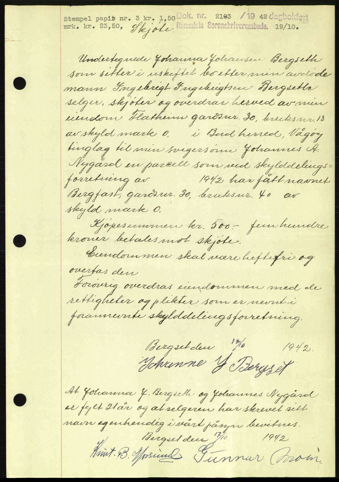 Romsdal sorenskriveri, AV/SAT-A-4149/1/2/2C: Mortgage book no. A13, 1942-1943, Diary no: : 2103/1942