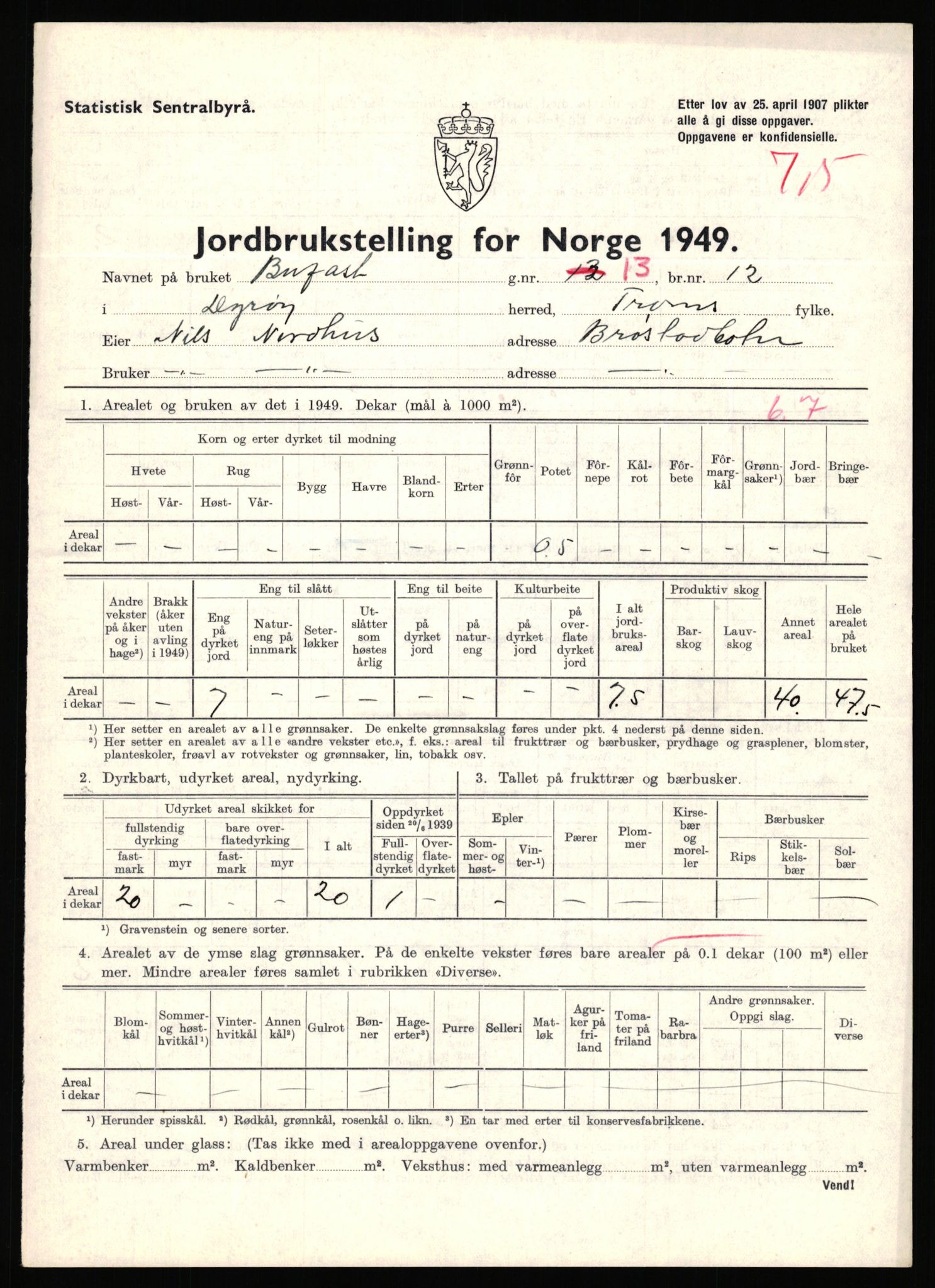 Statistisk sentralbyrå, Næringsøkonomiske emner, Jordbruk, skogbruk, jakt, fiske og fangst, AV/RA-S-2234/G/Gc/L0440: Troms: Sørreisa og Dyrøy, 1949, p. 966
