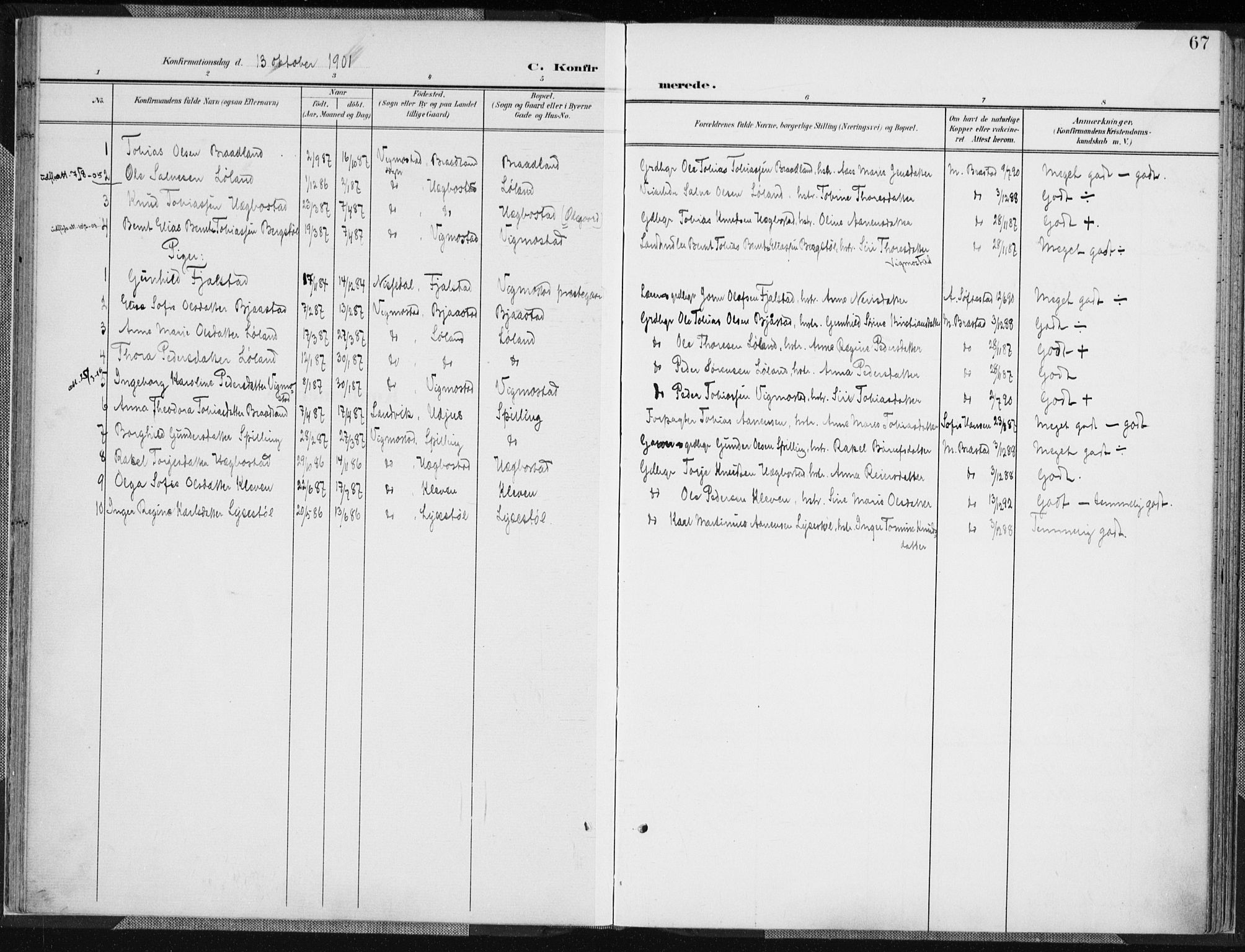 Nord-Audnedal sokneprestkontor, SAK/1111-0032/F/Fa/Fab/L0004: Parish register (official) no. A 4, 1901-1917, p. 67