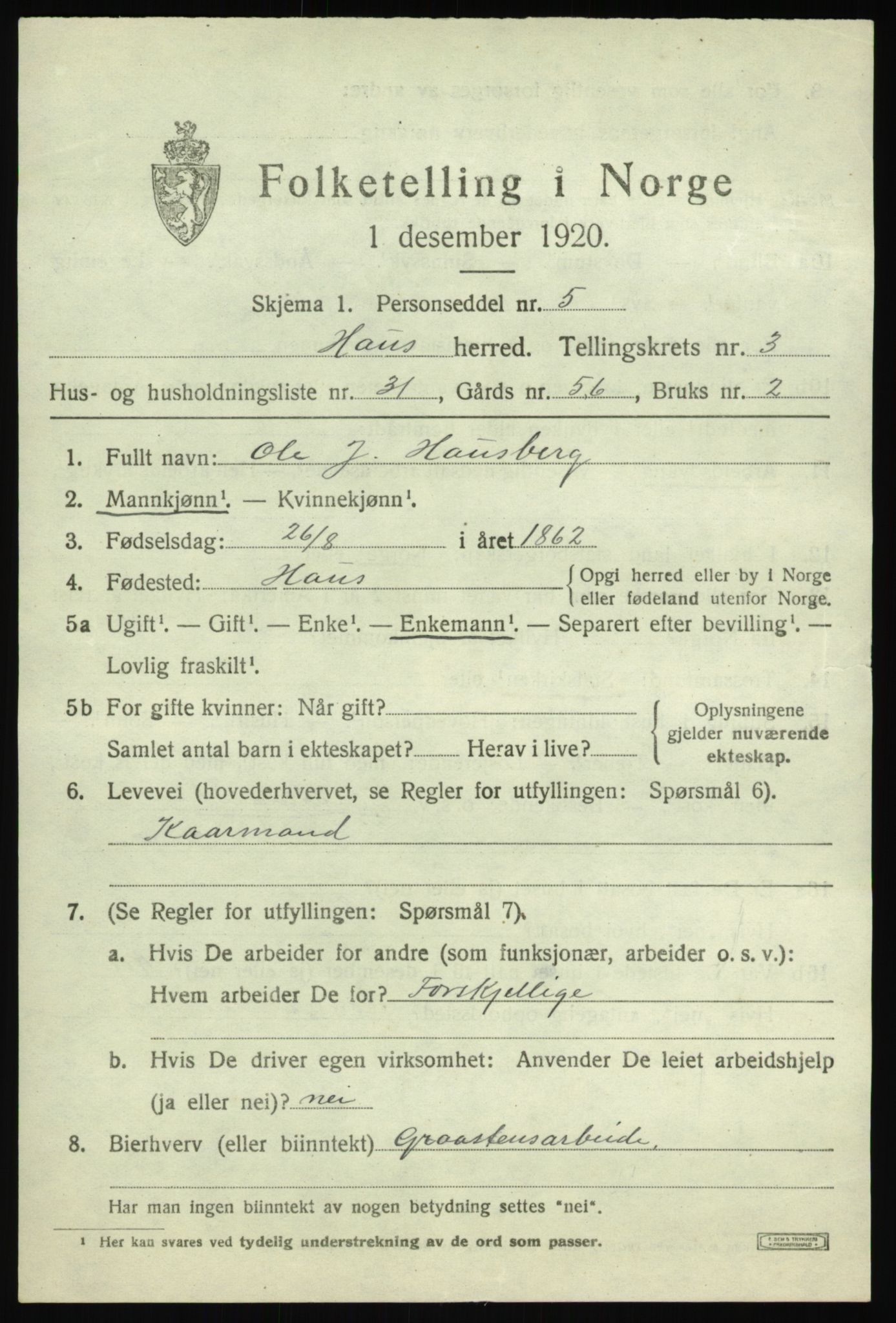 SAB, 1920 census for Haus, 1920, p. 2869