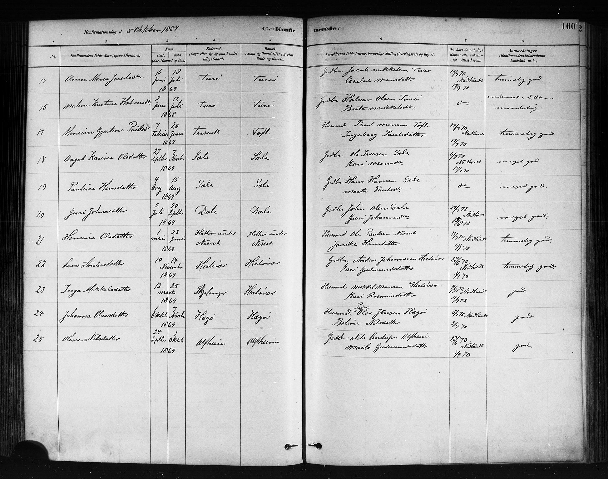 Herdla Sokneprestembete, AV/SAB-A-75701/H/Haa: Parish register (official) no. A 3, 1878-1890, p. 160