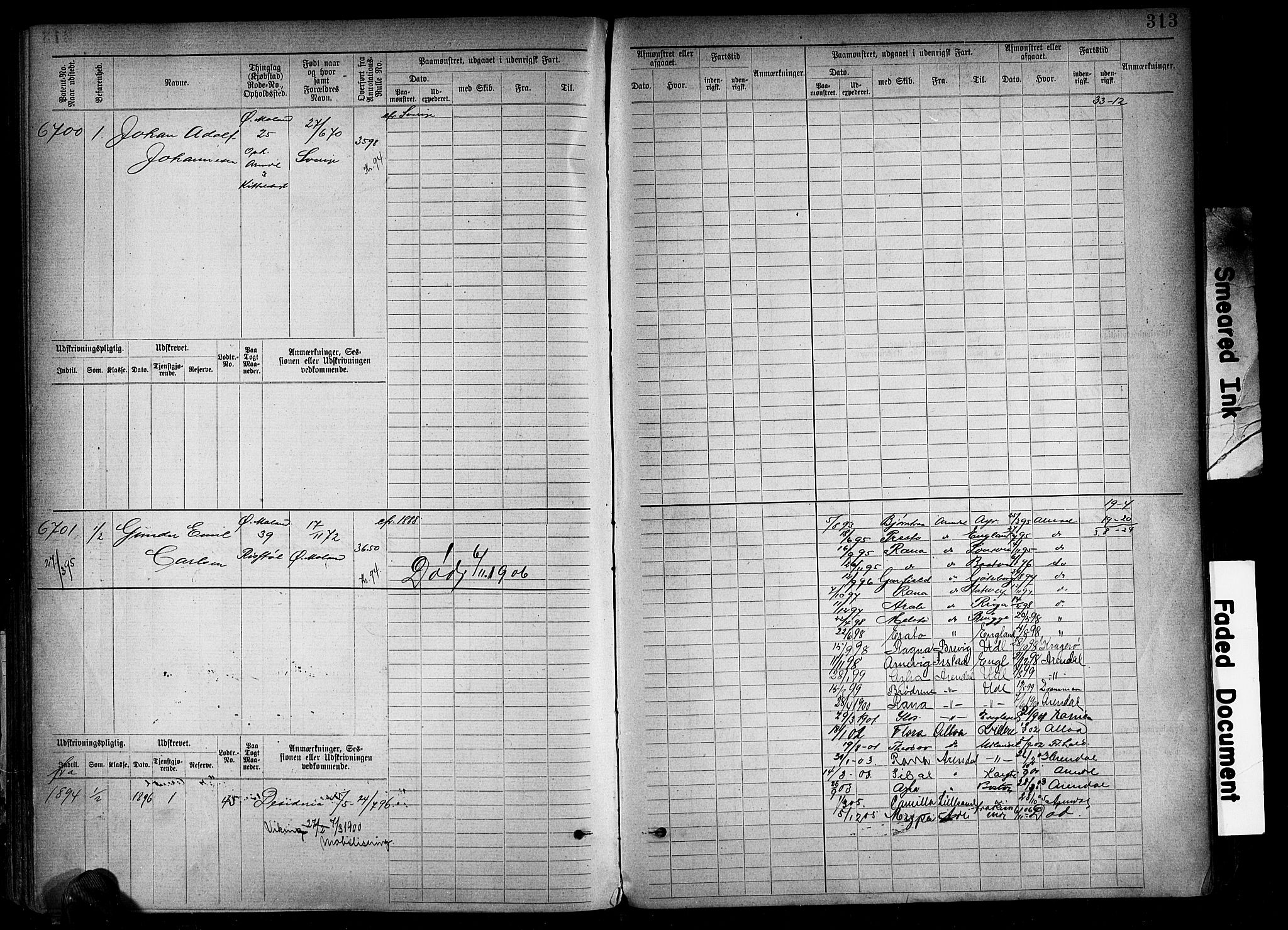 Arendal mønstringskrets, AV/SAK-2031-0012/F/Fb/L0018: Hovedrulle A nr 6077-6849, S-16, 1892-1894, p. 313