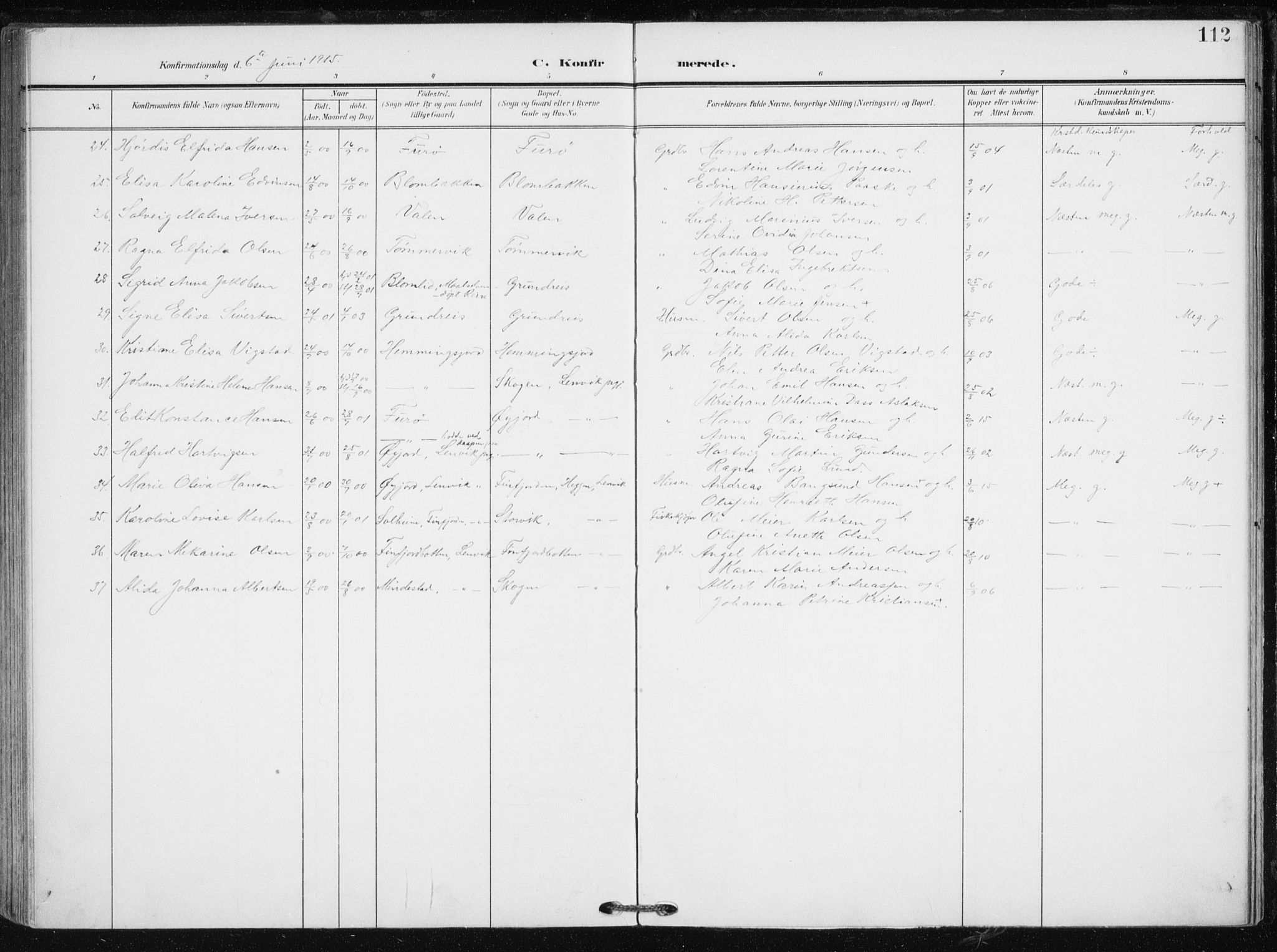 Tranøy sokneprestkontor, SATØ/S-1313/I/Ia/Iaa/L0012kirke: Parish register (official) no. 12, 1905-1918, p. 112