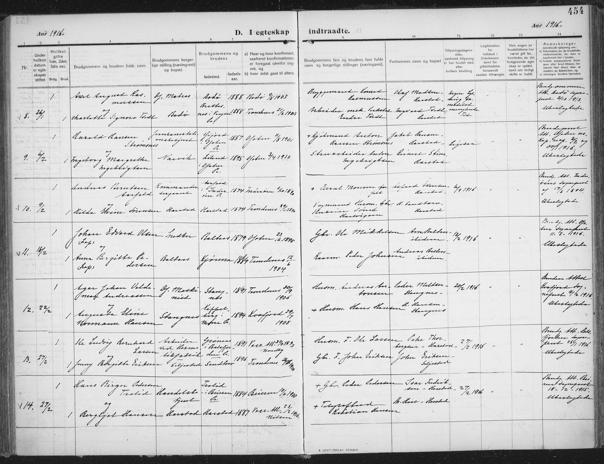 Trondenes sokneprestkontor, SATØ/S-1319/H/Ha/L0018kirke: Parish register (official) no. 18, 1909-1918, p. 454