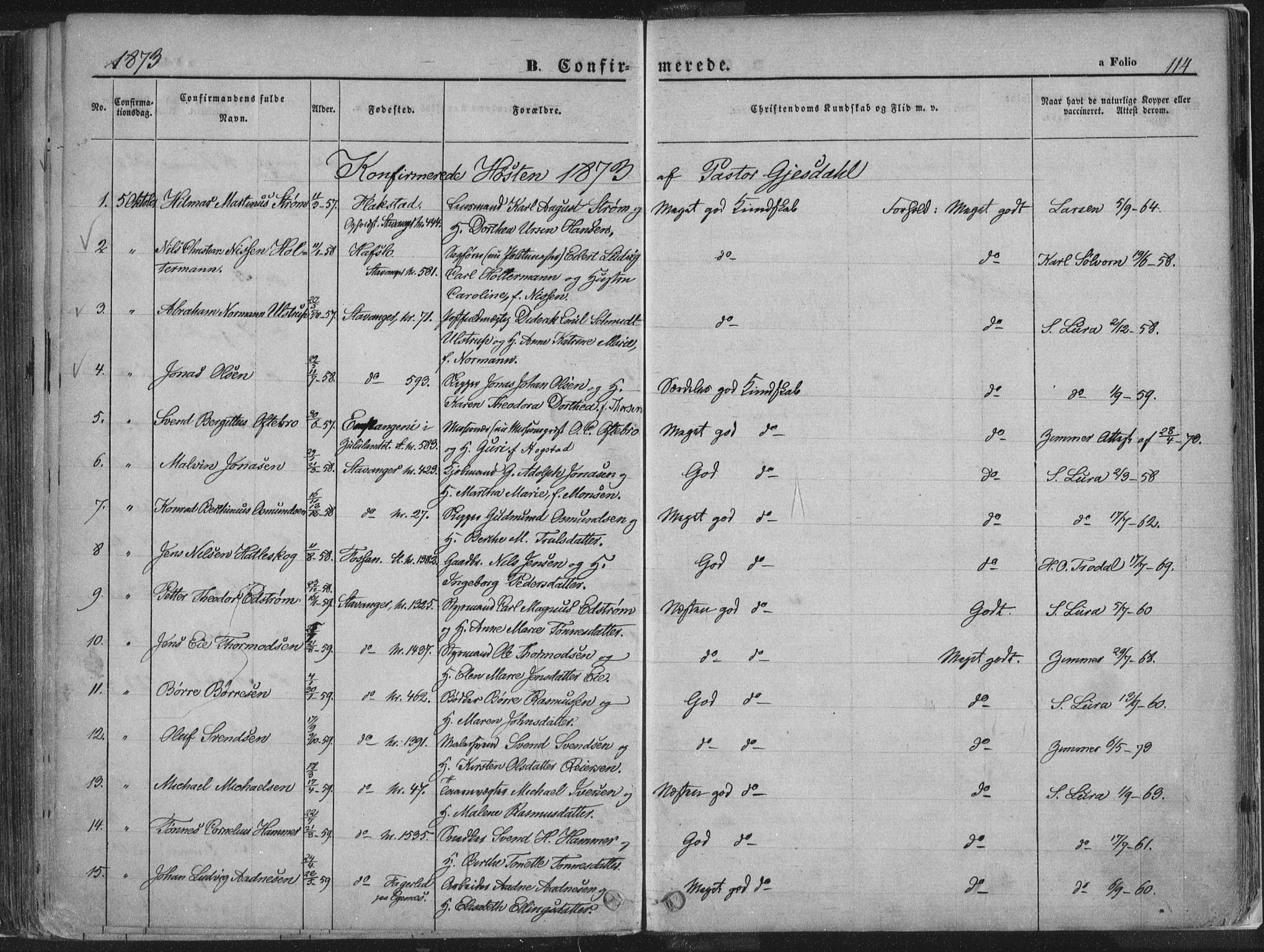 Domkirken sokneprestkontor, AV/SAST-A-101812/001/30/30BA/L0018: Parish register (official) no. A 17, 1857-1877, p. 114