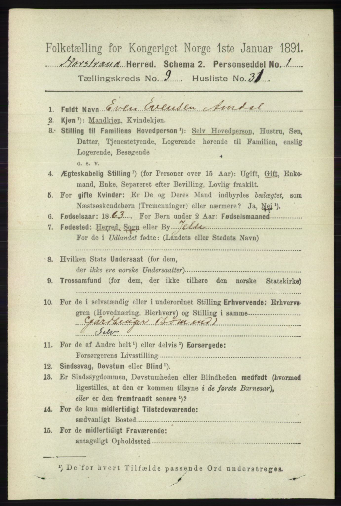 RA, 1891 census for 1139 Nedstrand, 1891, p. 1809