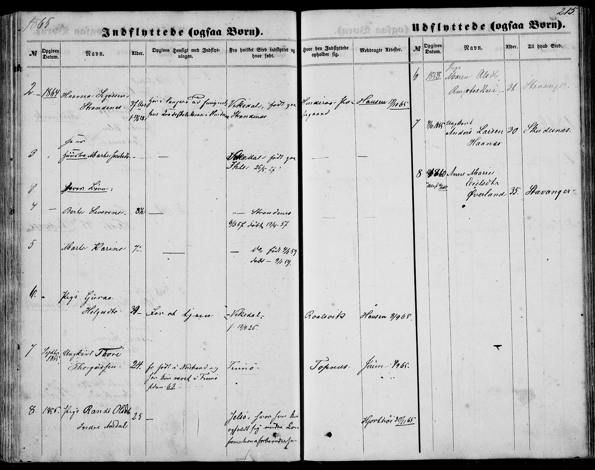 Nedstrand sokneprestkontor, AV/SAST-A-101841/01/IV: Parish register (official) no. A 9, 1861-1876, p. 215