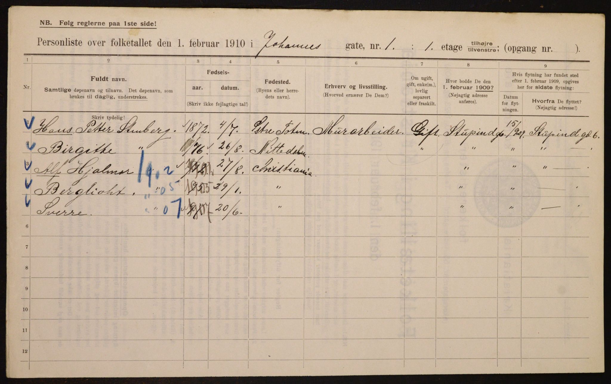 OBA, Municipal Census 1910 for Kristiania, 1910, p. 45825