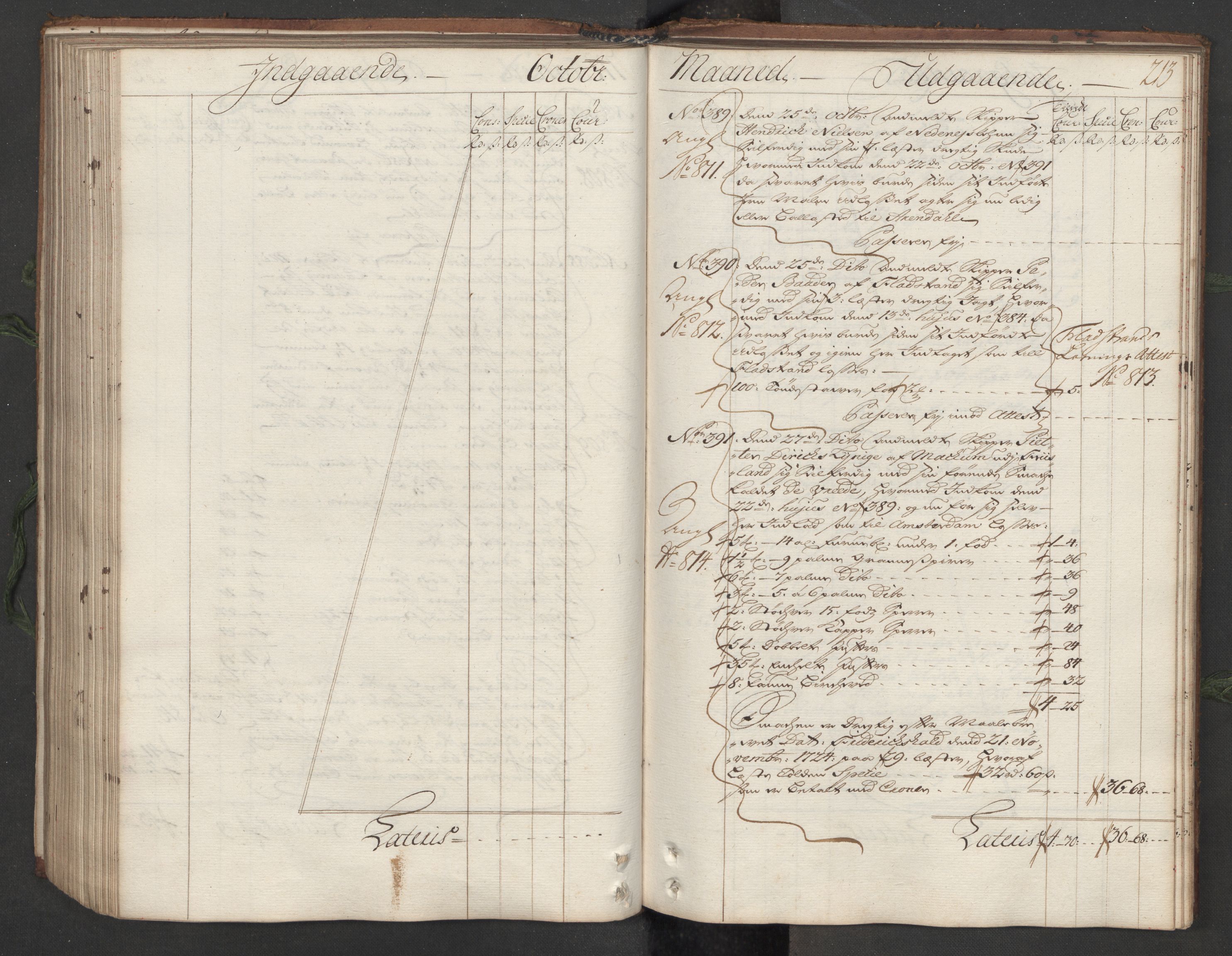 Generaltollkammeret, tollregnskaper, AV/RA-EA-5490/R12/L0007/0001: Tollregnskaper Langesund / Hovedtollbok, 1731, p. 212b-213a