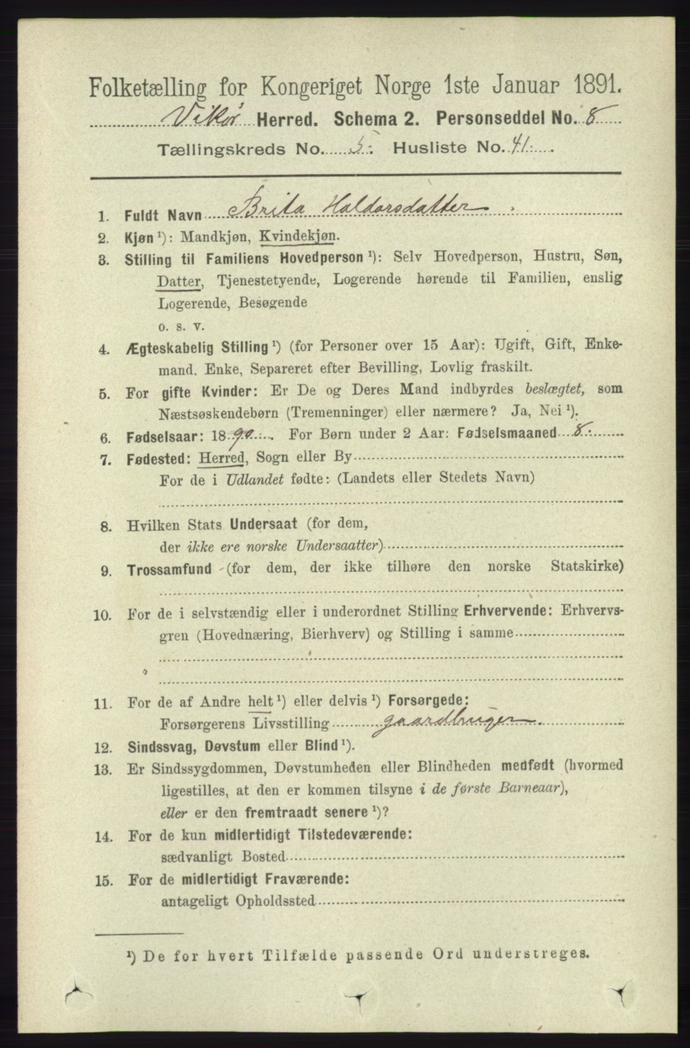 RA, 1891 census for 1238 Vikør, 1891, p. 1627