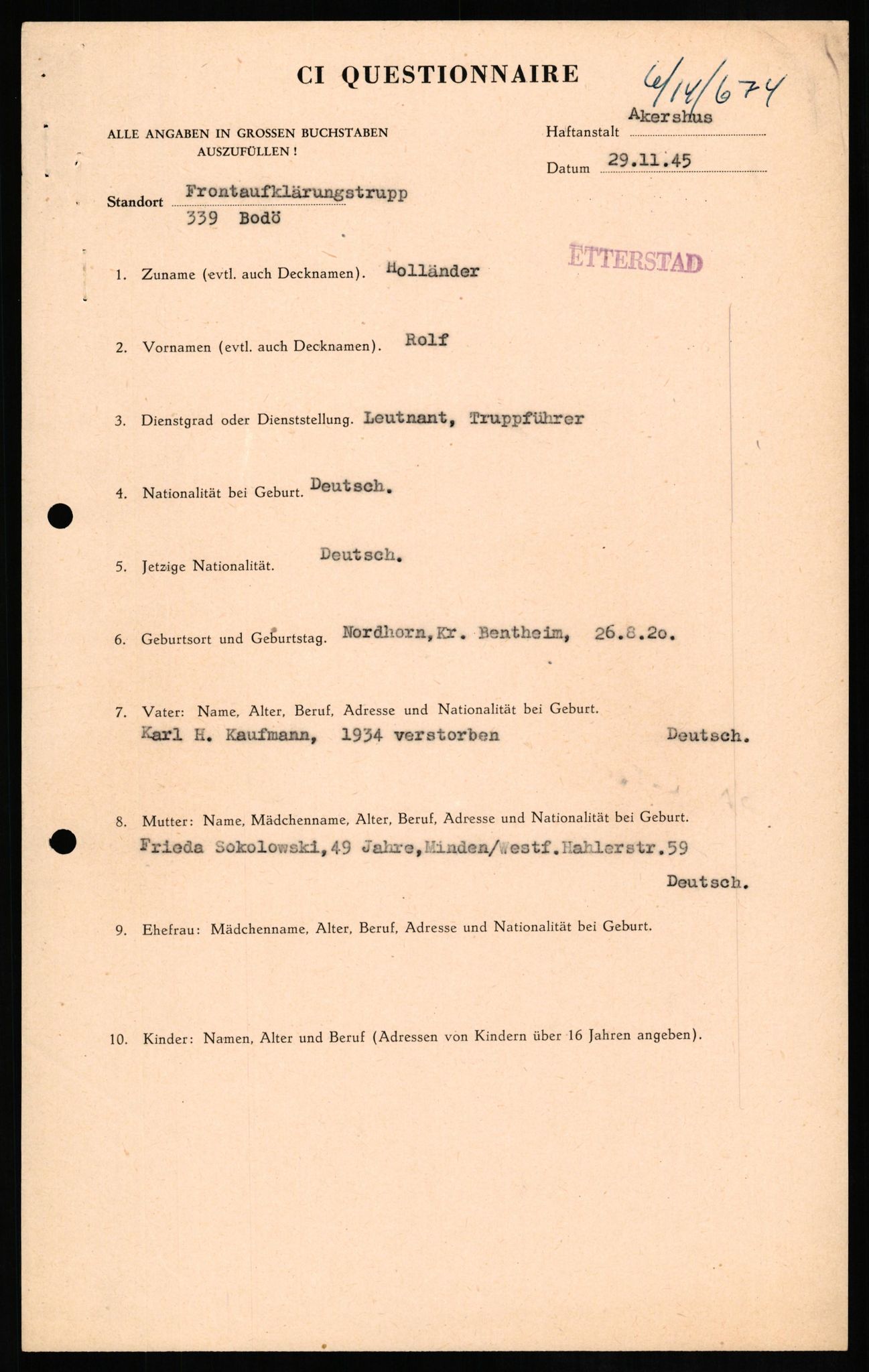 Forsvaret, Forsvarets overkommando II, AV/RA-RAFA-3915/D/Db/L0013: CI Questionaires. Tyske okkupasjonsstyrker i Norge. Tyskere., 1945-1946, p. 382