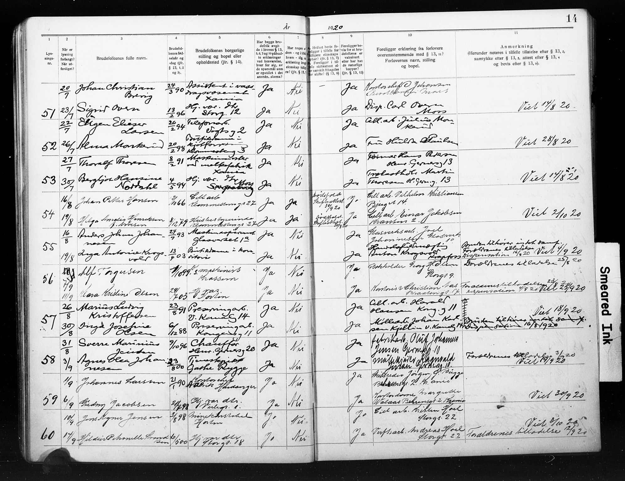 Moss prestekontor Kirkebøker, SAO/A-2003/H/Ha/L0002: Banns register no. 2, 1919-1930, p. 14