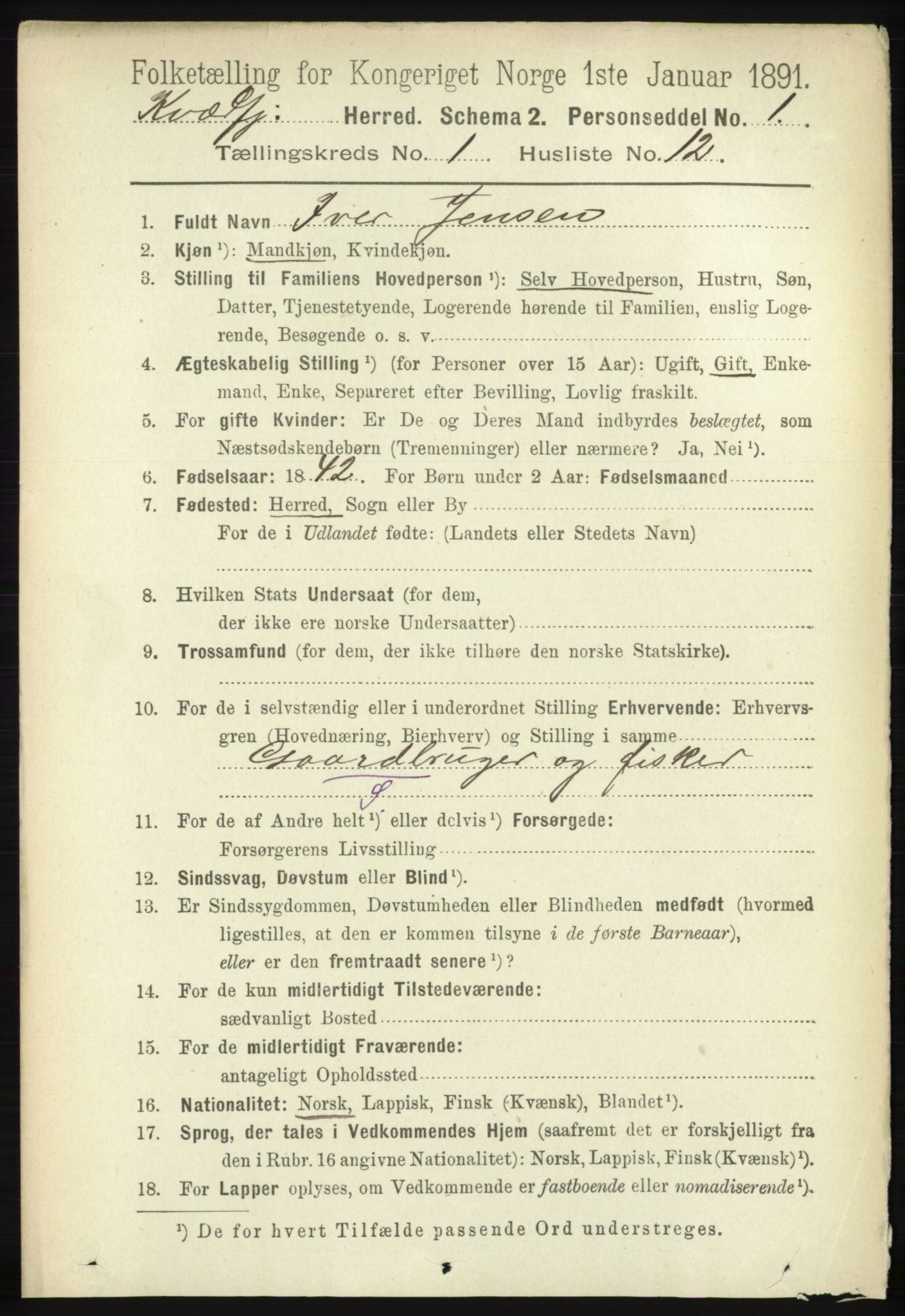RA, 1891 census for 1911 Kvæfjord, 1891, p. 168