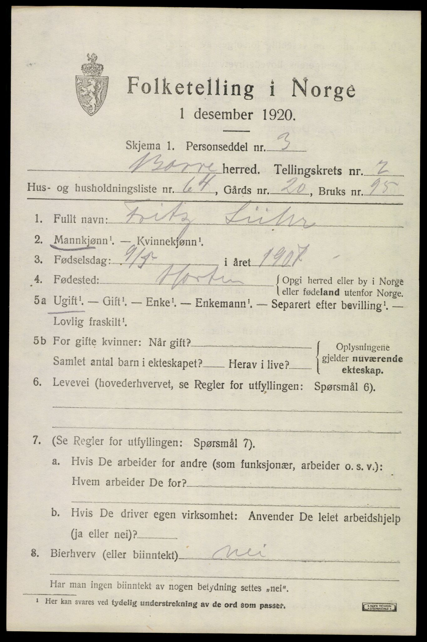 SAKO, 1920 census for Borre, 1920, p. 4906