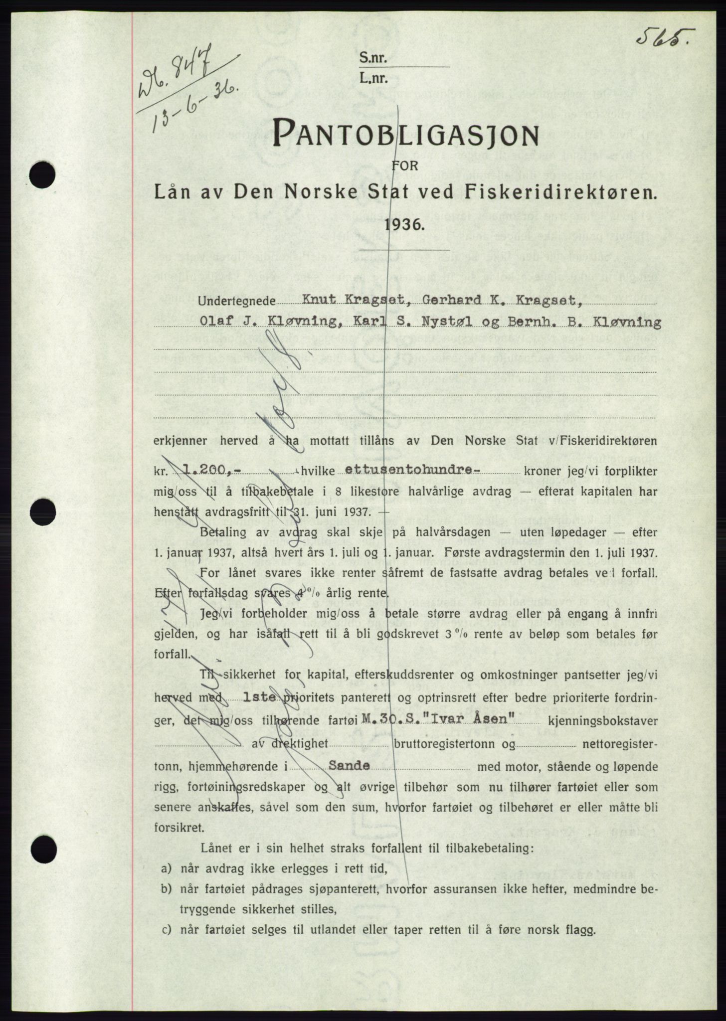 Søre Sunnmøre sorenskriveri, AV/SAT-A-4122/1/2/2C/L0060: Mortgage book no. 54, 1935-1936, Deed date: 13.06.1936