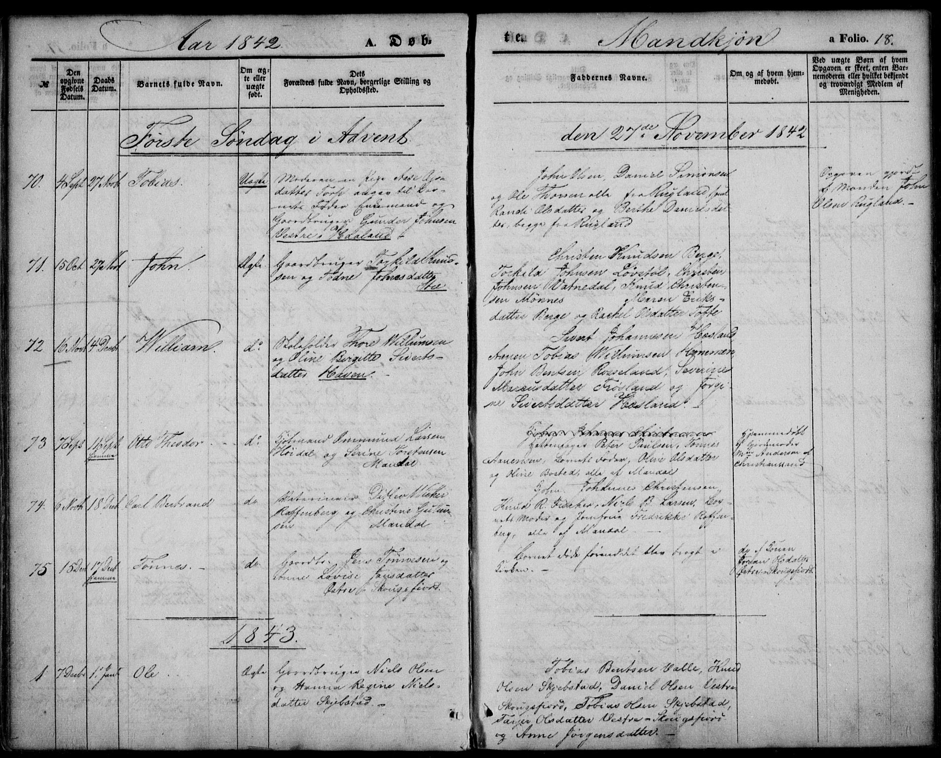 Mandal sokneprestkontor, SAK/1111-0030/F/Fa/Faa/L0012: Parish register (official) no. A 12, 1840-1847, p. 18