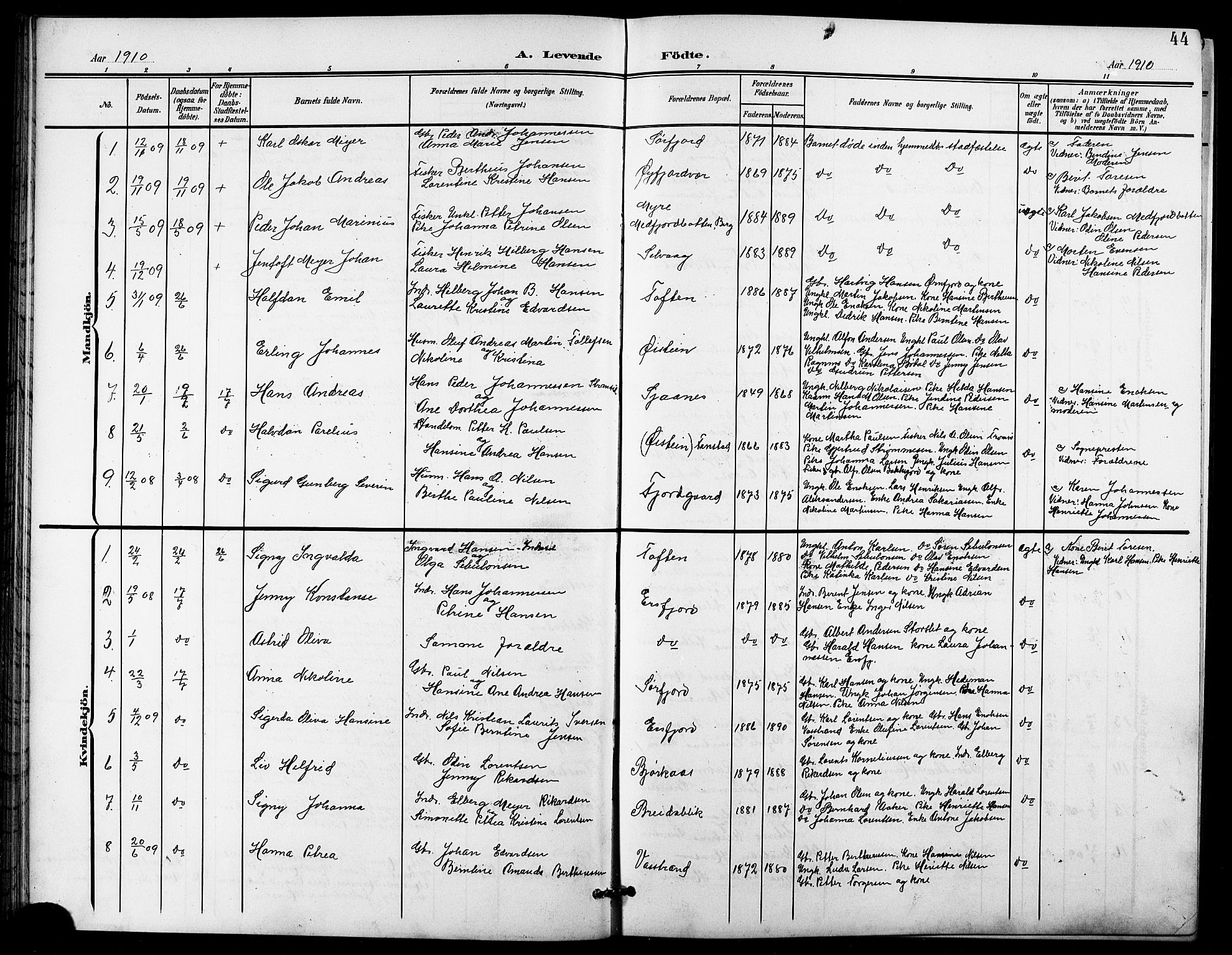 Lenvik sokneprestembete, SATØ/S-1310/H/Ha/Hab/L0022klokker: Parish register (copy) no. 22, 1901-1918, p. 44