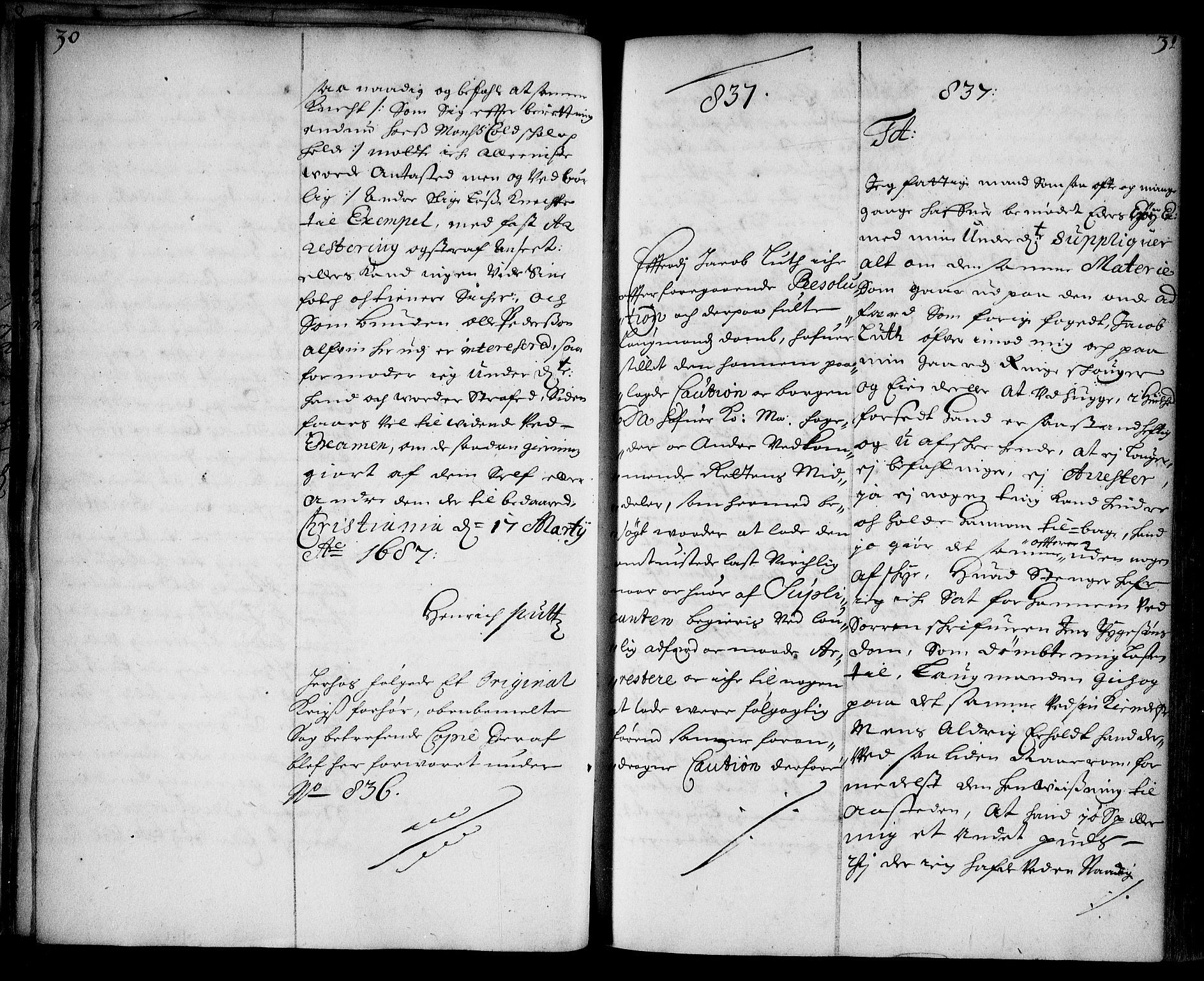 Stattholderembetet 1572-1771, AV/RA-EA-2870/Ae/L0004: Supplikasjons- og resolusjonsprotokoll, 1687, p. 30b-31a