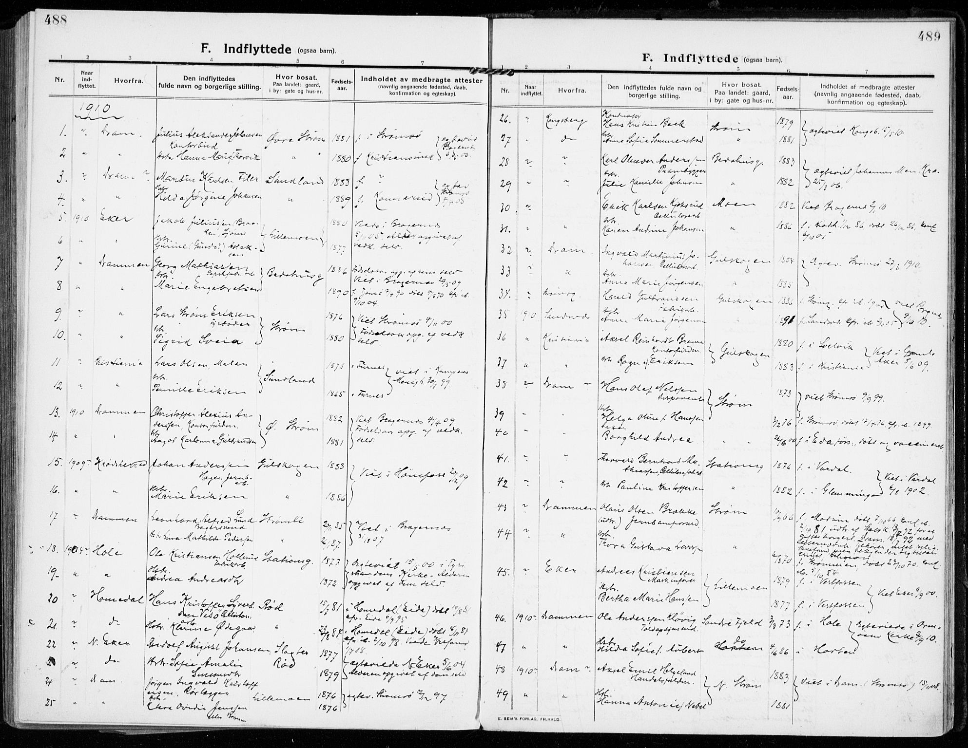 Strømsgodset kirkebøker, AV/SAKO-A-324/F/Fa/L0002: Parish register (official) no. 2, 1910-1920, p. 488-489