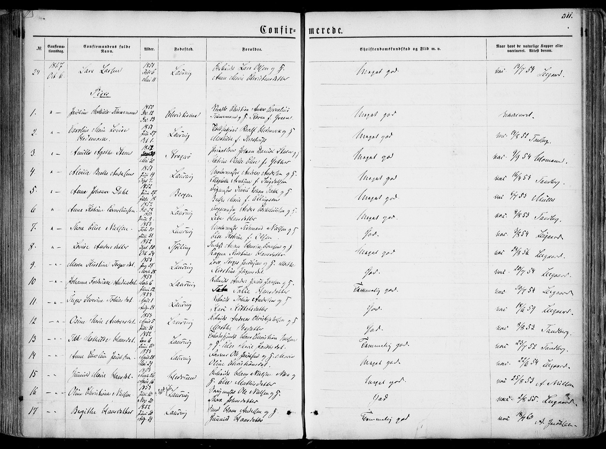 Larvik kirkebøker, AV/SAKO-A-352/F/Fa/L0004: Parish register (official) no. I 4, 1856-1870, p. 311