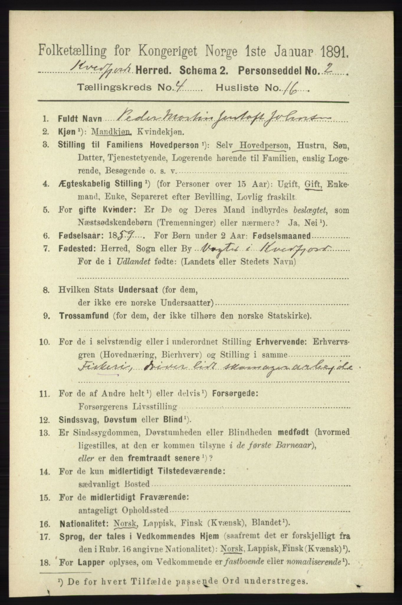 RA, 1891 census for 1911 Kvæfjord, 1891, p. 1985