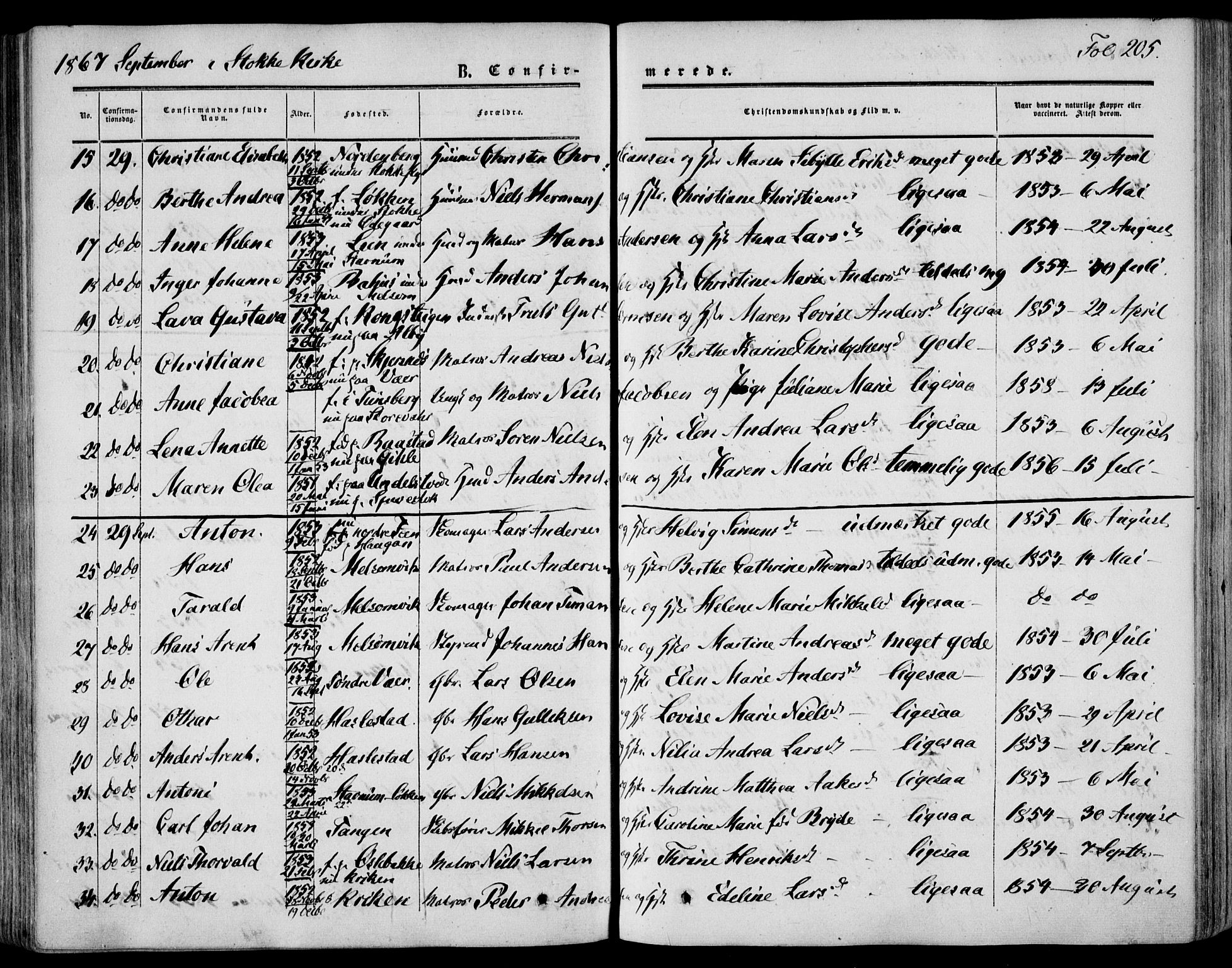 Stokke kirkebøker, AV/SAKO-A-320/F/Fa/L0008: Parish register (official) no. I 8, 1858-1871, p. 205