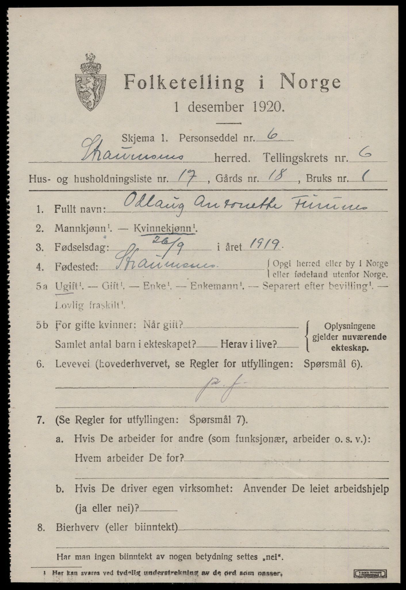 SAT, 1920 census for Straumsnes, 1920, p. 2471