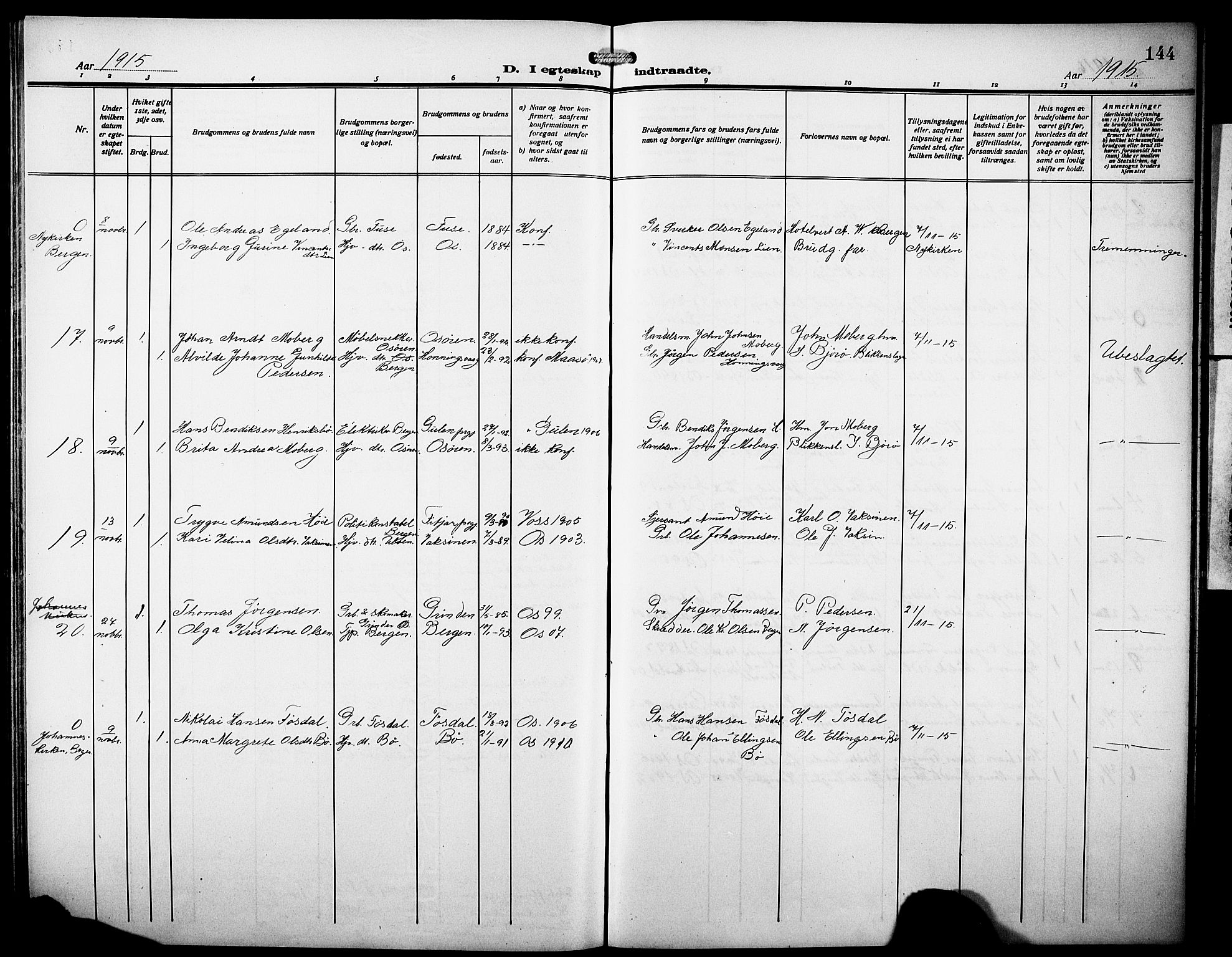 Os sokneprestembete, SAB/A-99929: Parish register (copy) no. A 4, 1914-1923, p. 144