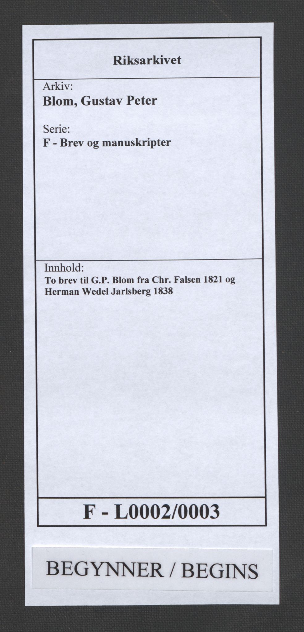 Blom, Gustav Peter, RA/PA-0568/F/L0002/0003: Transkripsjoner, brev og manuskript / To brev til G.P. Blom fra Chr. Falsen 1821 og Herman Wedel Jarlsberg 1838, p. 1