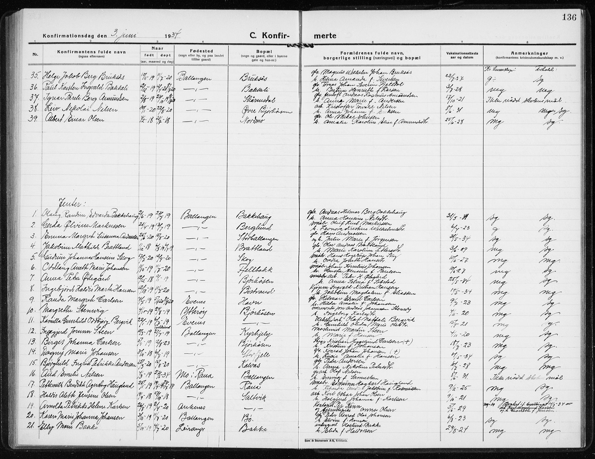 Ministerialprotokoller, klokkerbøker og fødselsregistre - Nordland, AV/SAT-A-1459/869/L0975: Parish register (copy) no. 869C01, 1923-1939, p. 136