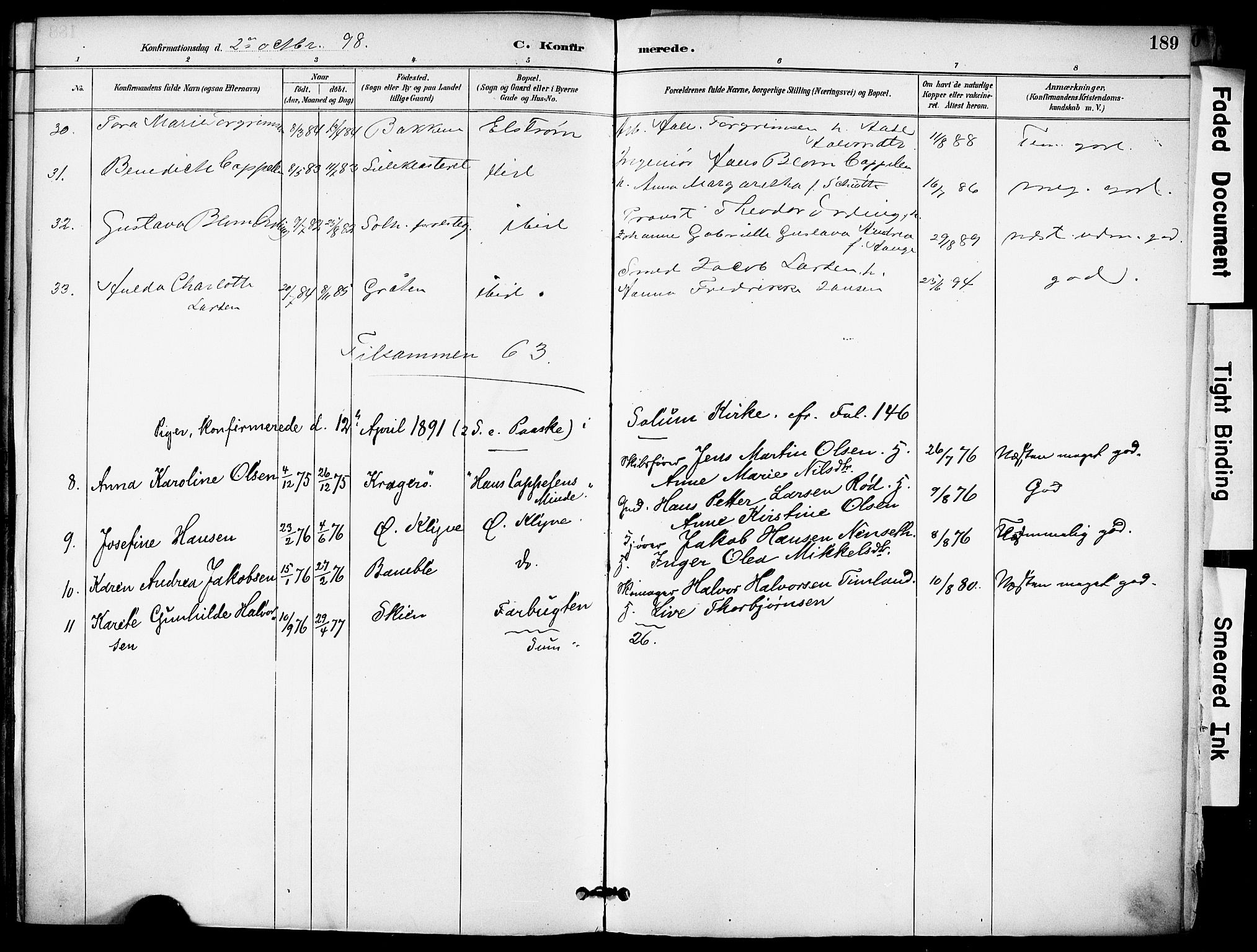 Solum kirkebøker, SAKO/A-306/F/Fa/L0010: Parish register (official) no. I 10, 1888-1898, p. 189