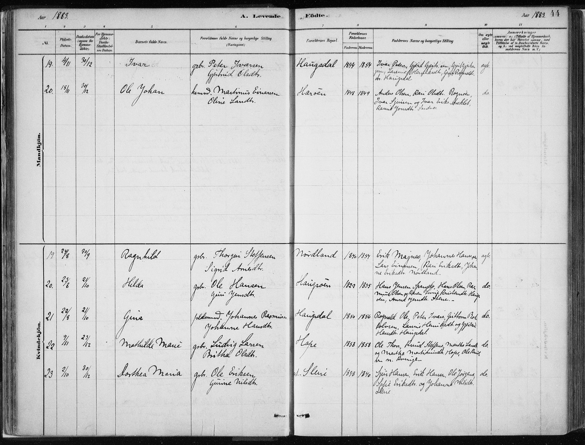 Masfjorden Sokneprestembete, SAB/A-77001: Parish register (official) no. B  1, 1876-1899, p. 44