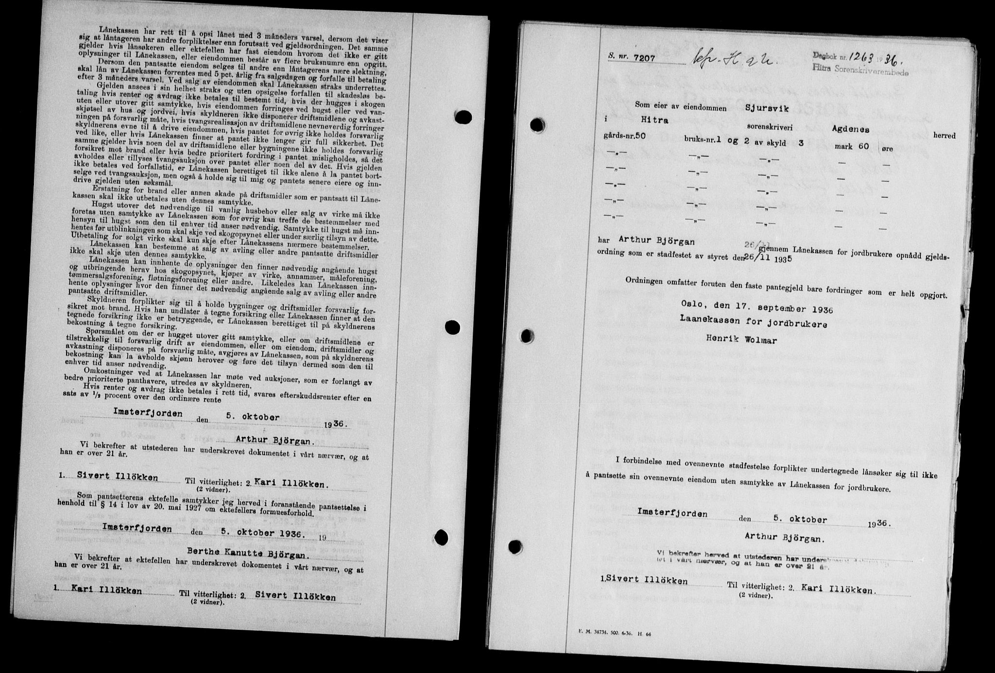 Hitra sorenskriveri, AV/SAT-A-0018/2/2C/2Ca/L0028: Mortgage book no. B-1, 1936-1939, Diary no: : 1263/1936