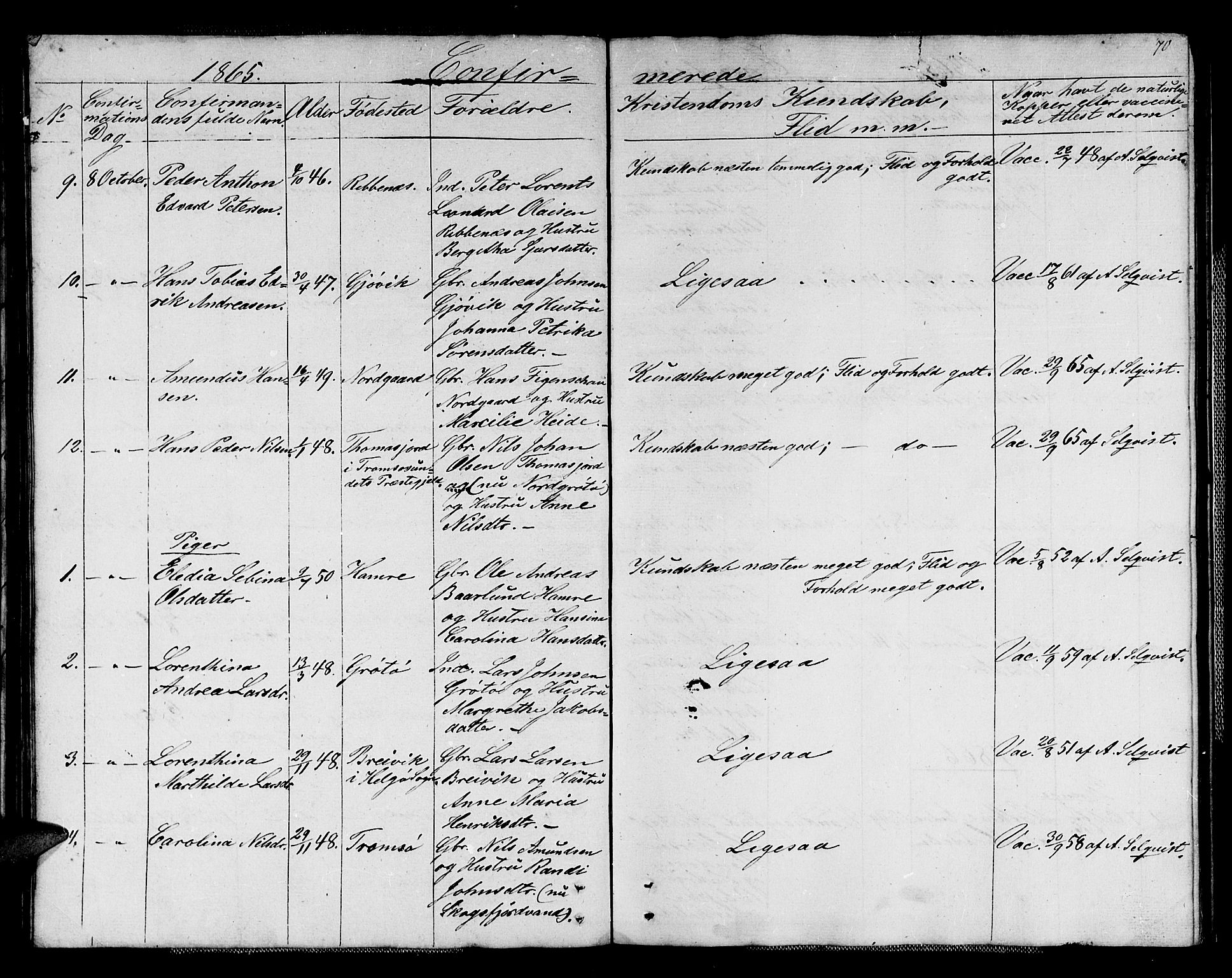 Karlsøy sokneprestembete, AV/SATØ-S-1299/H/Ha/Hab/L0004klokker: Parish register (copy) no. 4, 1845-1870, p. 70