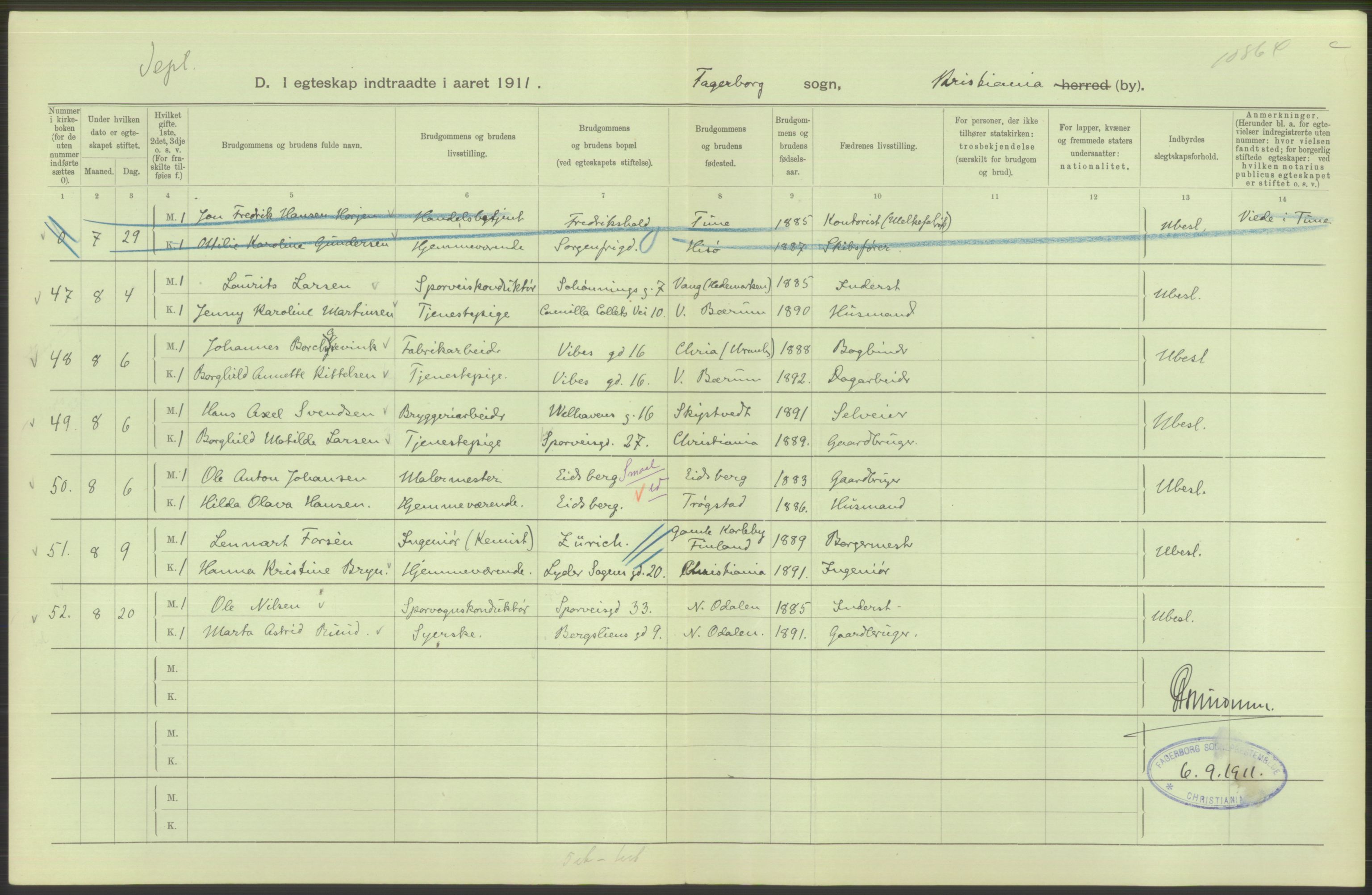 Statistisk sentralbyrå, Sosiodemografiske emner, Befolkning, AV/RA-S-2228/D/Df/Dfb/Dfba/L0008: Kristiania: Gifte, 1911, p. 348