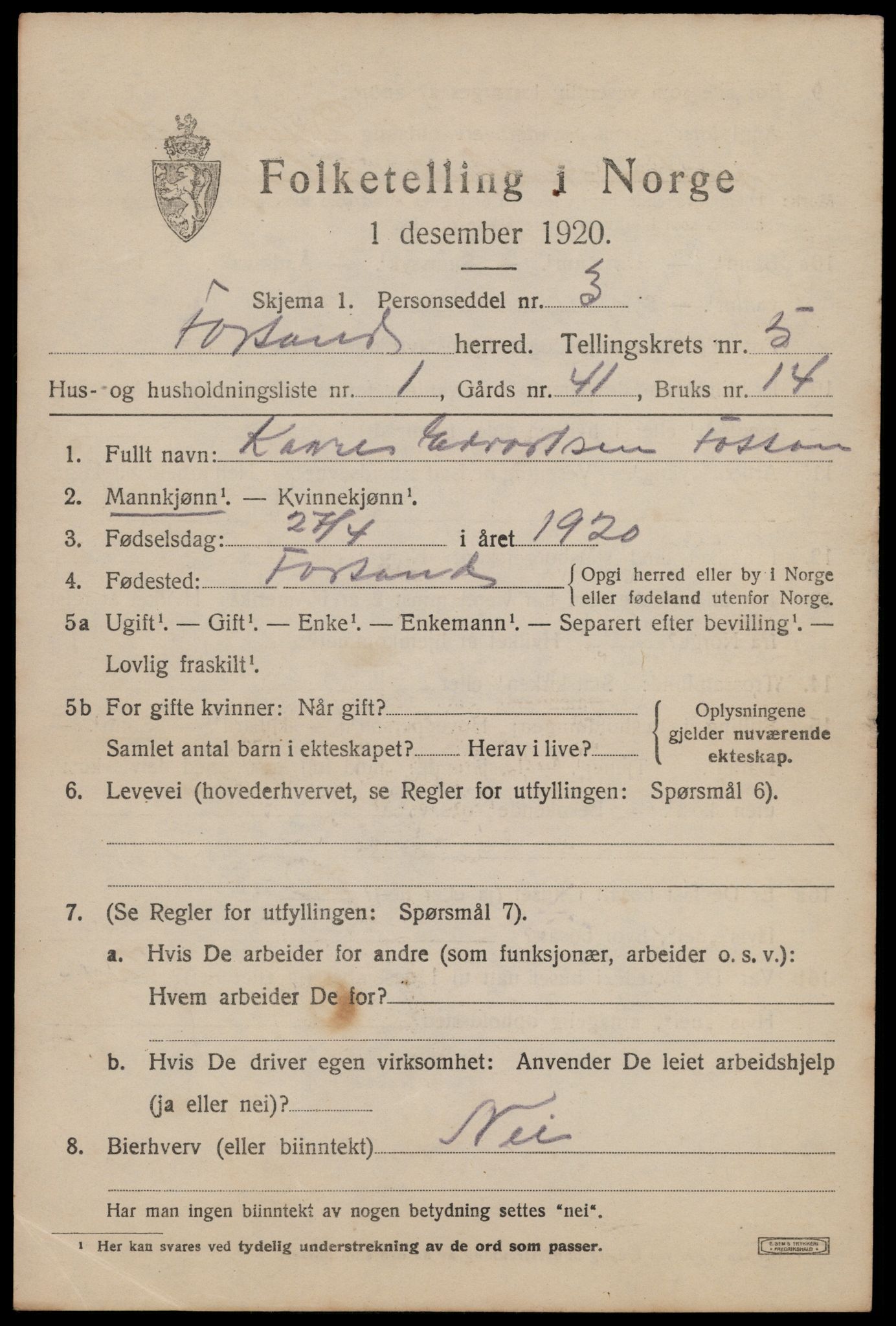 SAST, 1920 census for Forsand, 1920, p. 1789