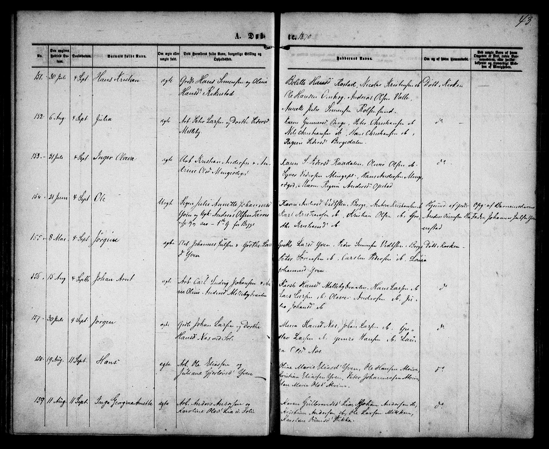 Tune prestekontor Kirkebøker, AV/SAO-A-2007/F/Fa/L0015: Parish register (official) no. 15, 1869-1873, p. 43