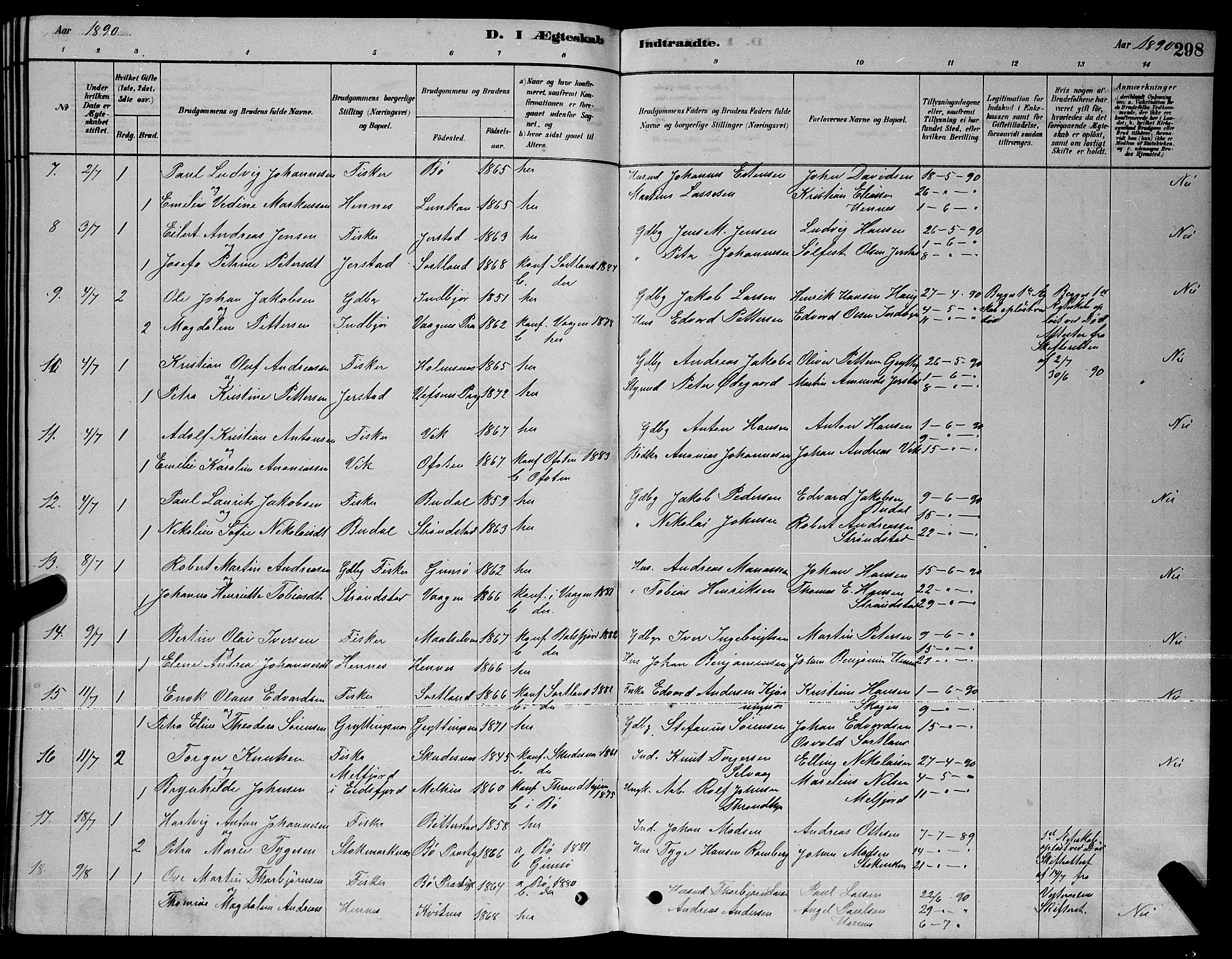 Ministerialprotokoller, klokkerbøker og fødselsregistre - Nordland, AV/SAT-A-1459/888/L1267: Parish register (copy) no. 888C05, 1878-1890, p. 298