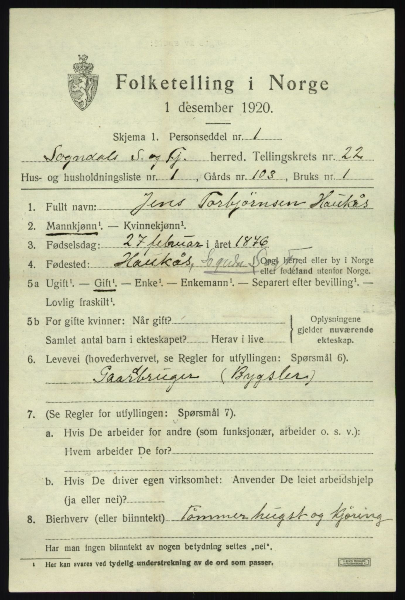 SAB, 1920 census for Sogndal, 1920, p. 7945