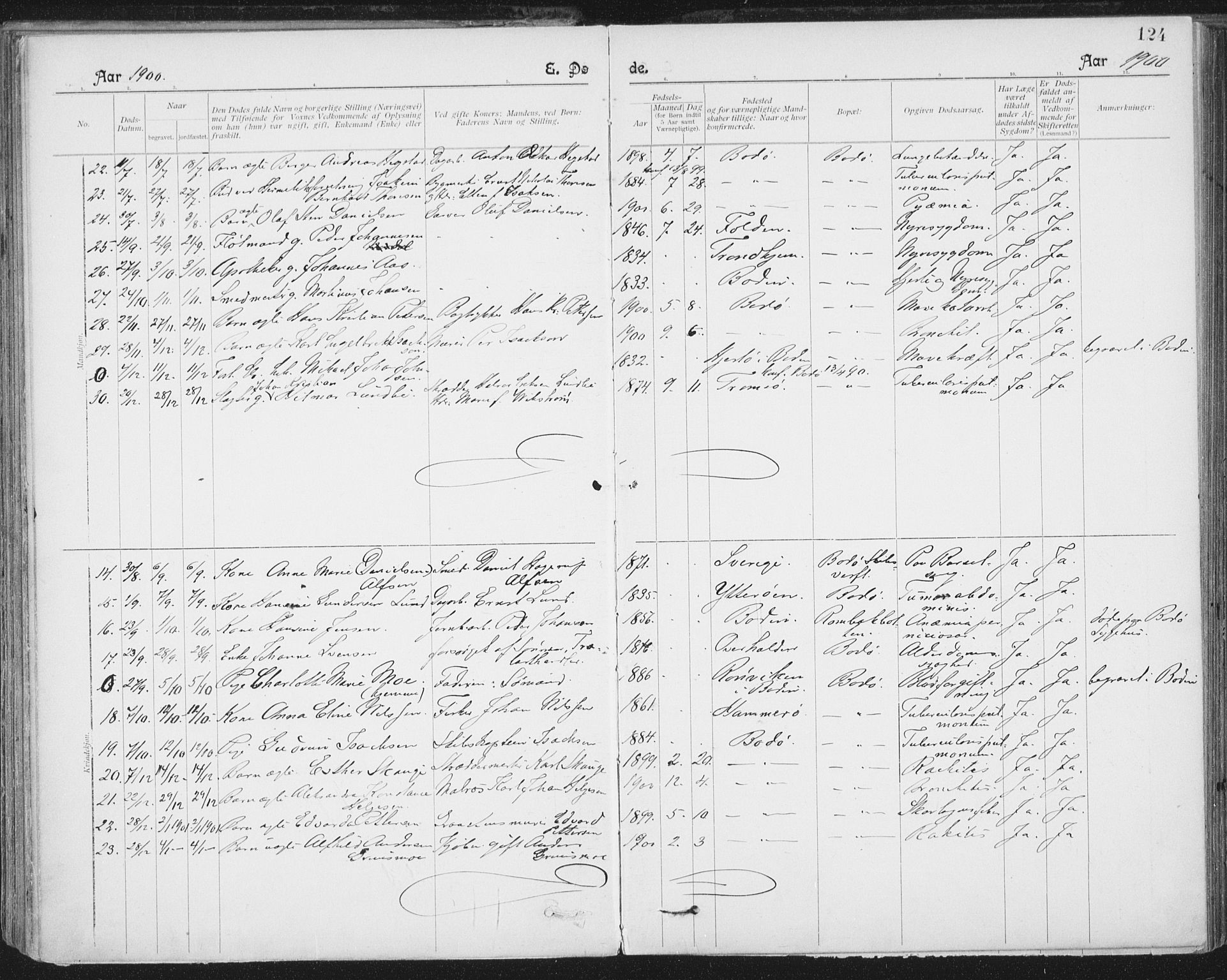 Ministerialprotokoller, klokkerbøker og fødselsregistre - Nordland, AV/SAT-A-1459/801/L0012: Parish register (official) no. 801A12, 1900-1916, p. 124