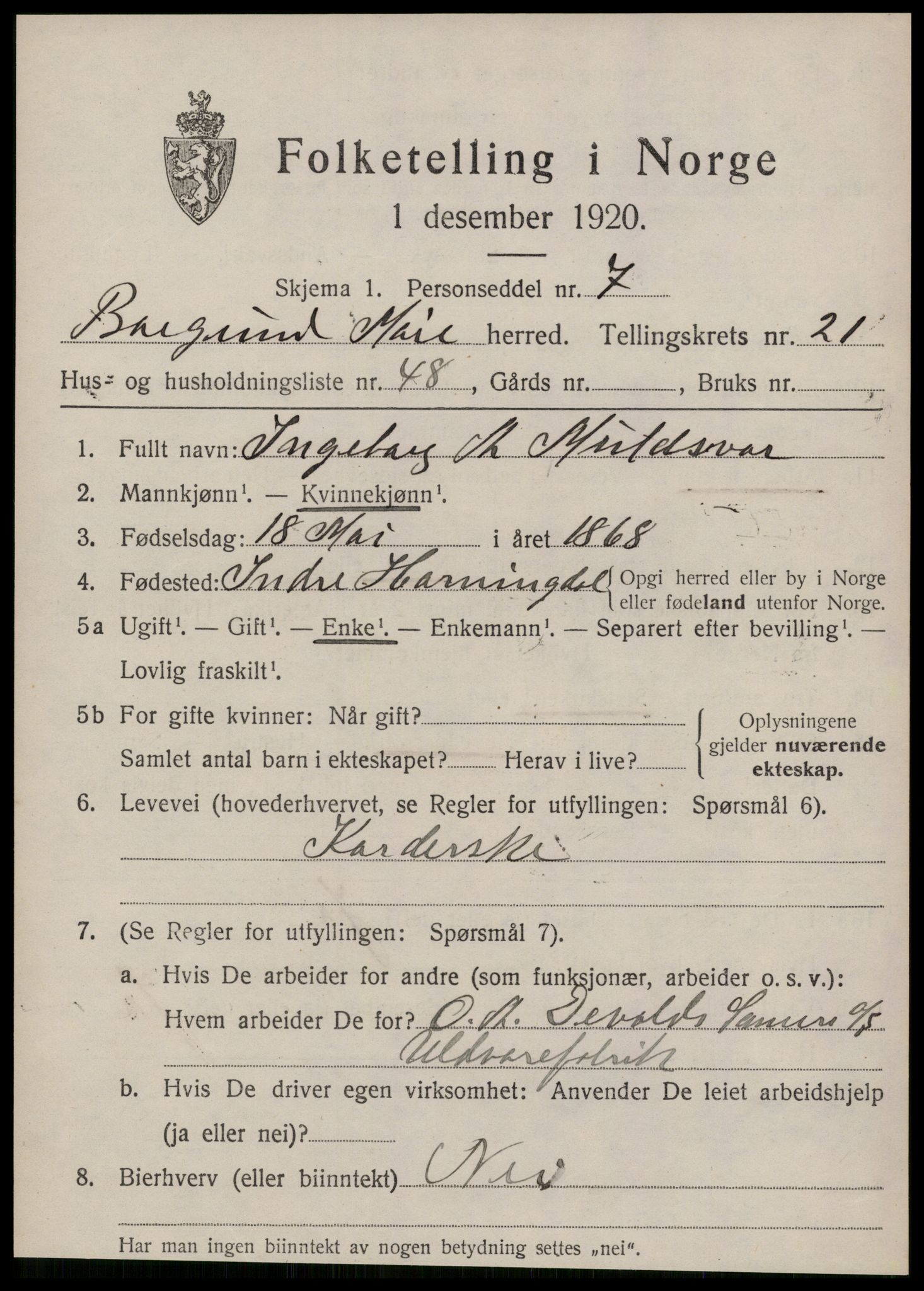 SAT, 1920 census for Borgund, 1920, p. 15046