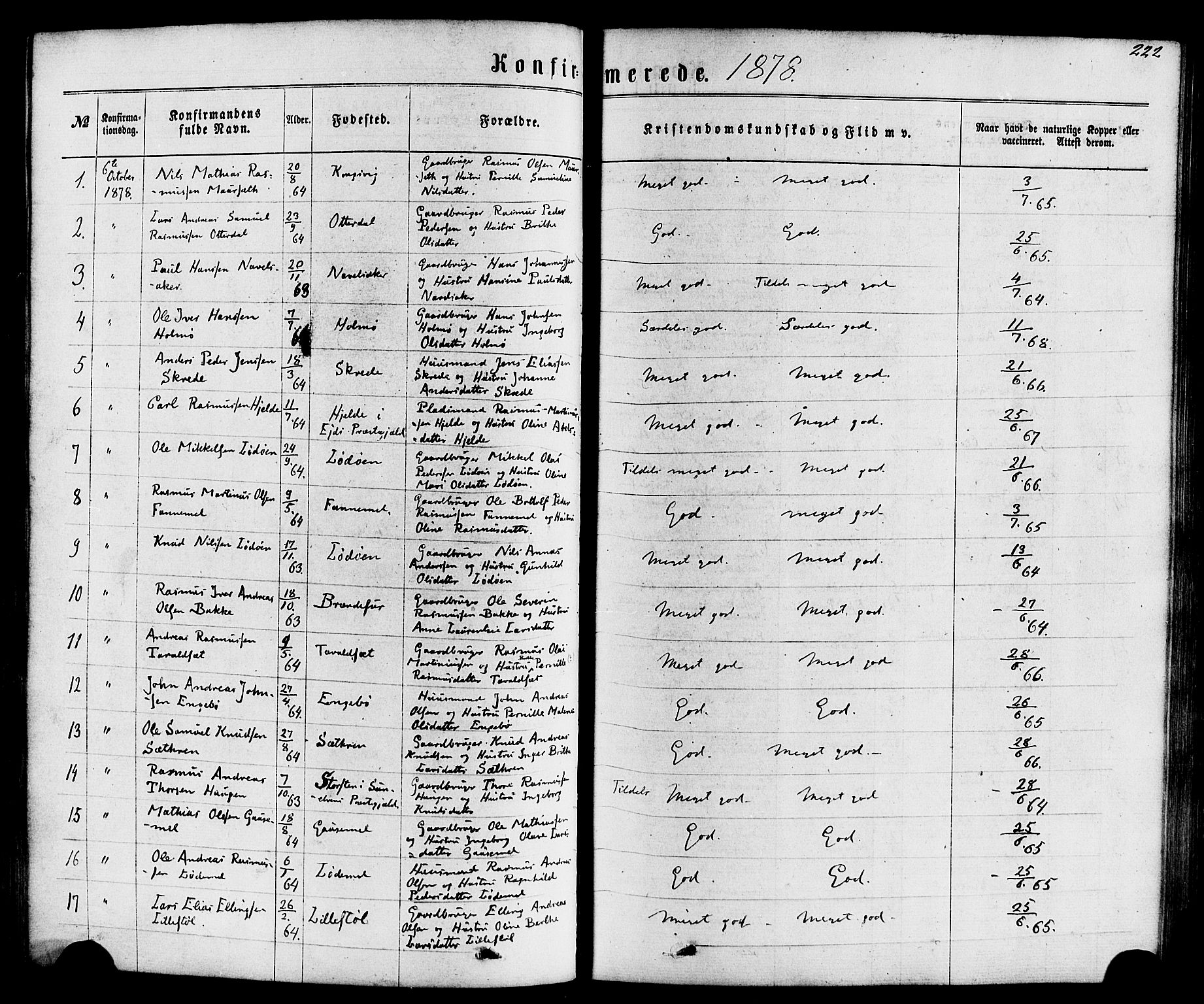 Hornindal sokneprestembete, SAB/A-82401/H/Haa/Haaa/L0002: Parish register (official) no. A 2, 1867-1884, p. 222