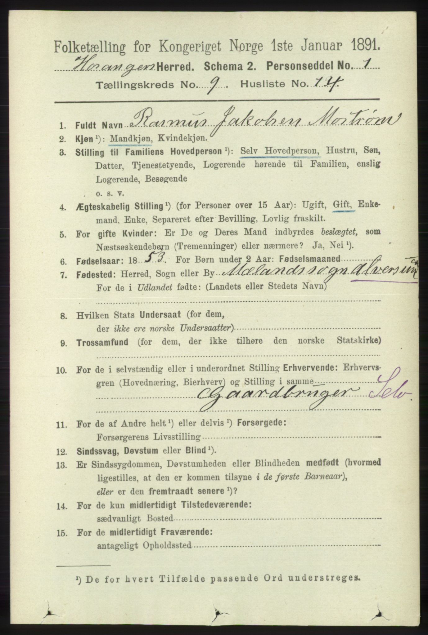 RA, 1891 census for 1253 Hosanger, 1891, p. 3372