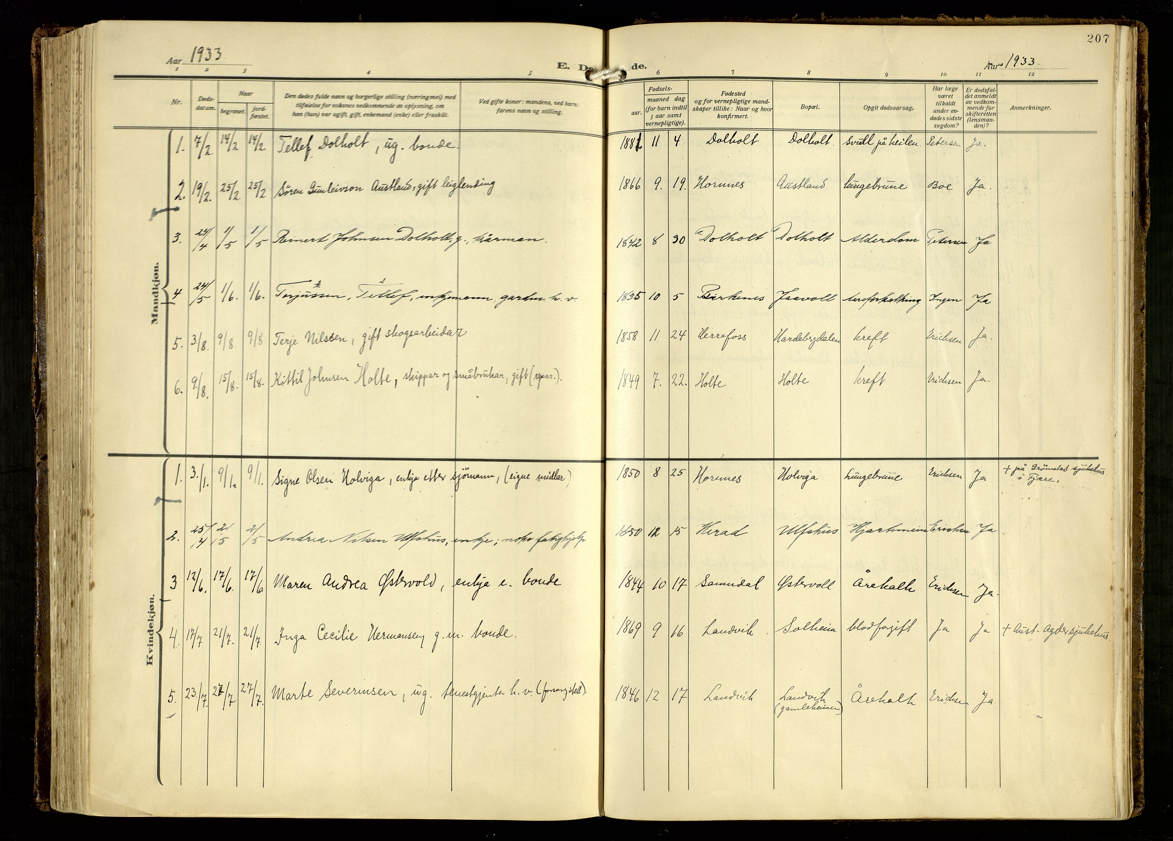 Hommedal sokneprestkontor, SAK/1111-0023/F/Fa/Fab/L0008: Parish register (official) no. A 8, 1925-1956, p. 207