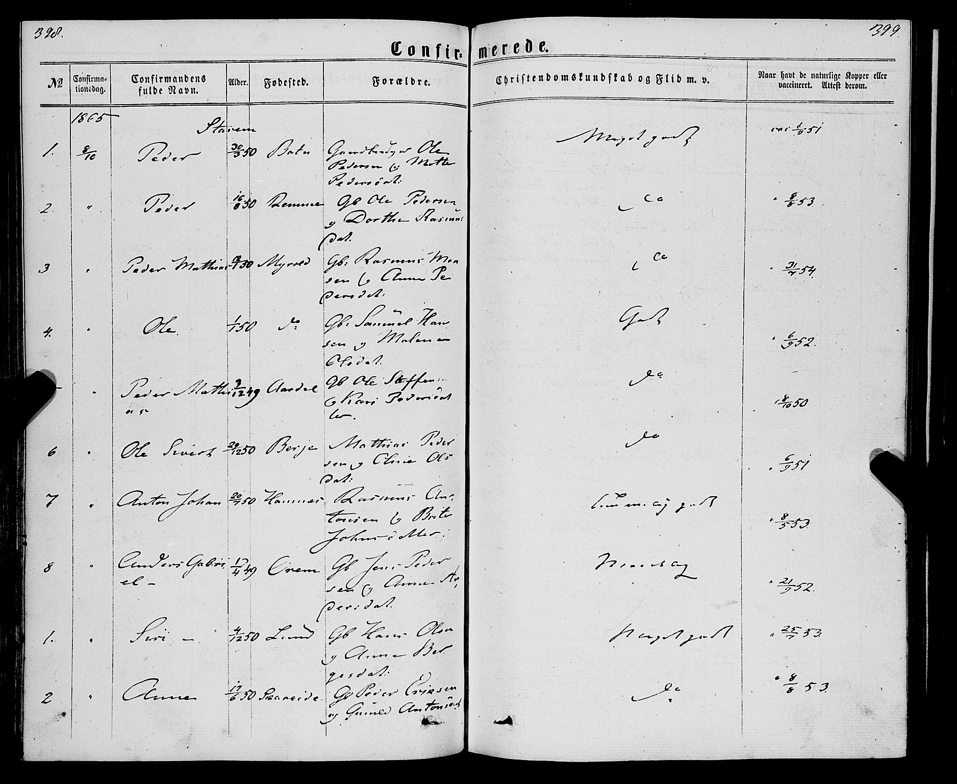 Eid sokneprestembete, AV/SAB-A-82301/H/Haa/Haaa/L0009: Parish register (official) no. A 9, 1861-1868, p. 398-399