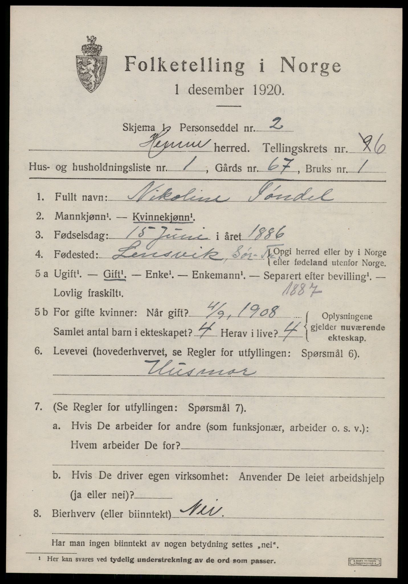 SAT, 1920 census for Hemne, 1920, p. 3522